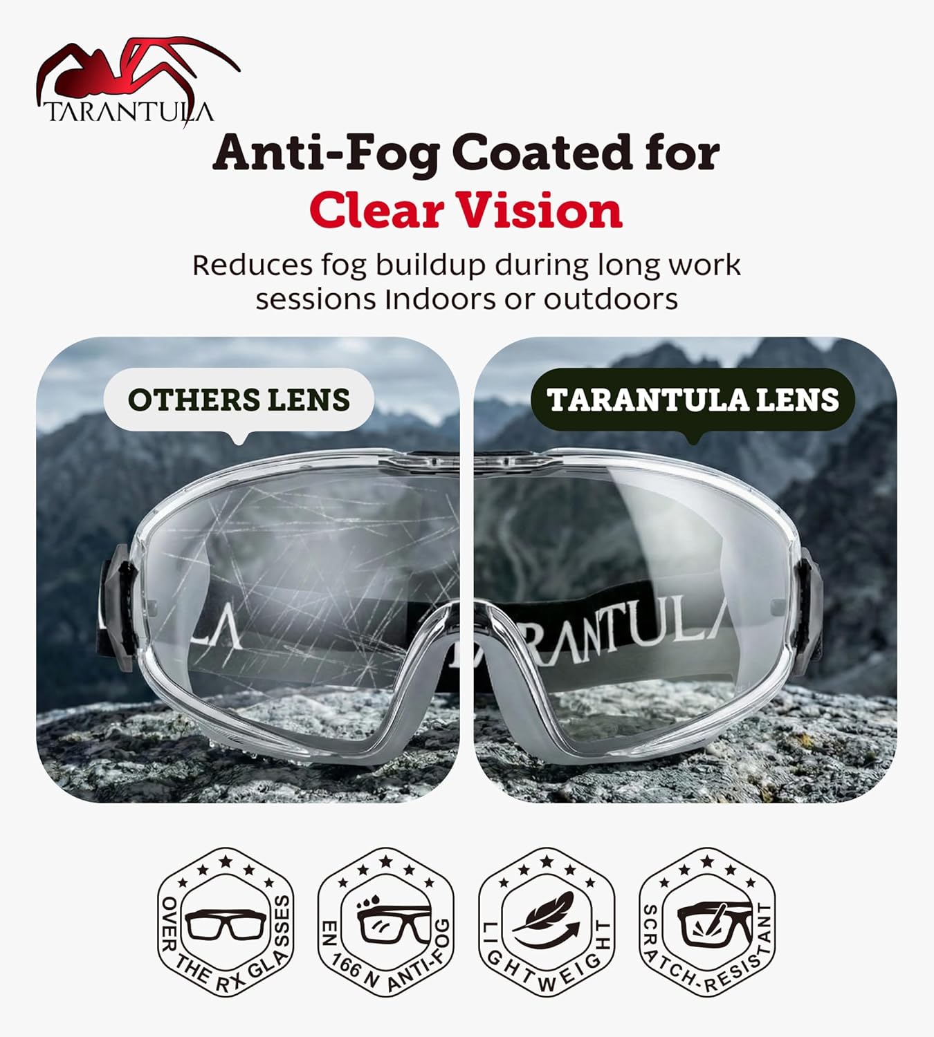 Tarantula Safety Goggles - ANSI Z87.1+ Over Glasses, Anti-Fog & Anti-Scratch, Adjustable Strap | Lab Eye Protection