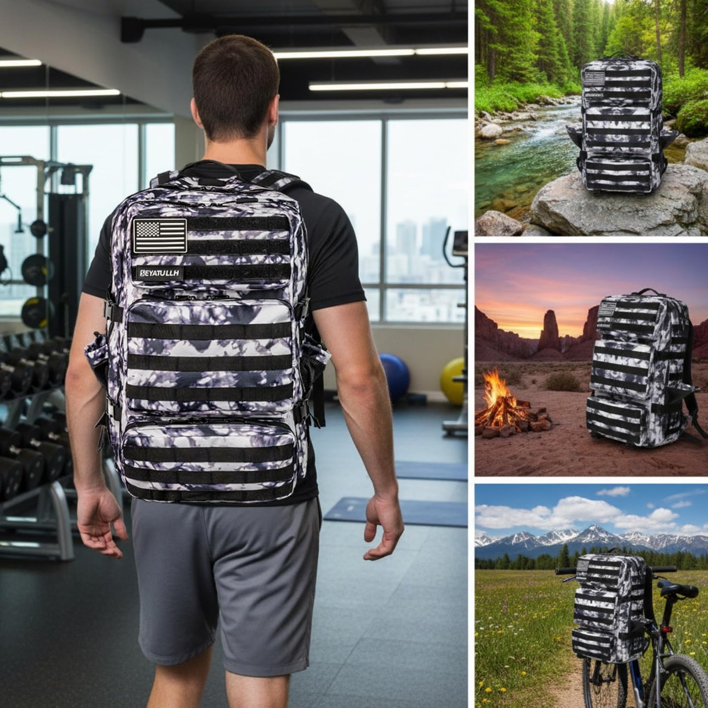 SEYATULLH Military Tactical Backpack 55L for Men & Women Bug Out Bag Assault pack Molle Daypack Hiking Trekking Rucksack (Black and white tie dye)