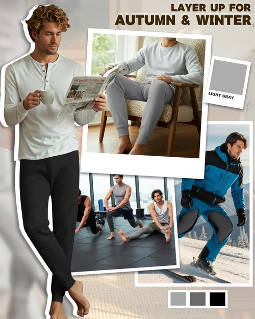 August Alley 3 Pack Men's Waffle Thermal Bottom Long Underwear Johns Soft Base Layer(Black, Dark Gray, Gray,Large)