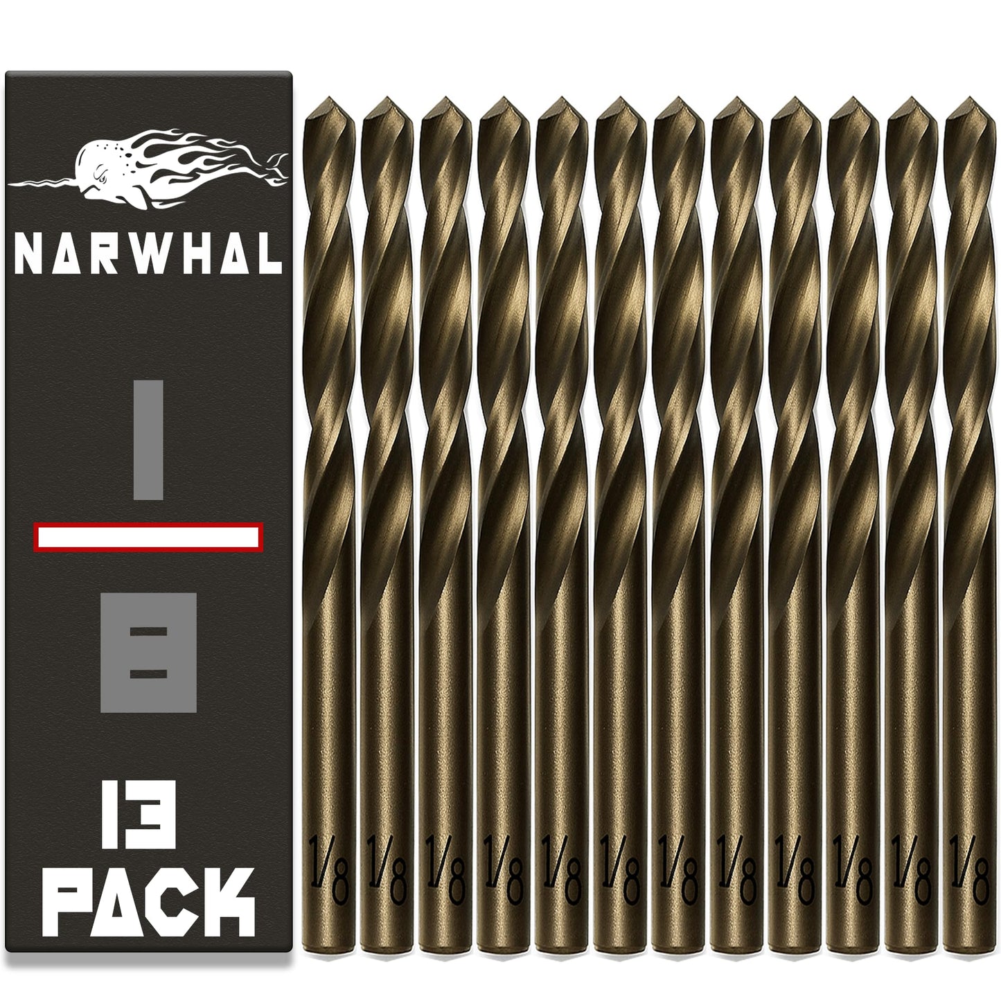 Narwhal 1/8 Inch Cobalt Drill Bits (13 Pack - Industrial Grade M35 Cobalt) 2.55" Length & 135 Degree Split Point for Drilling Into Metal, Hardened & Stainless Steel, Cast Iron, & More!
