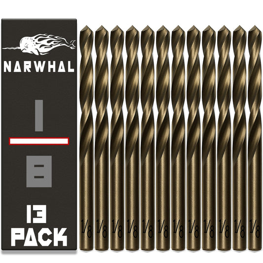Narwhal 1/8 Inch Cobalt Drill Bits (13 Pack - Industrial Grade M35 Cobalt) 2.55" Length & 135 Degree Split Point for Drilling Into Metal, Hardened & Stainless Steel, Cast Iron, & More!