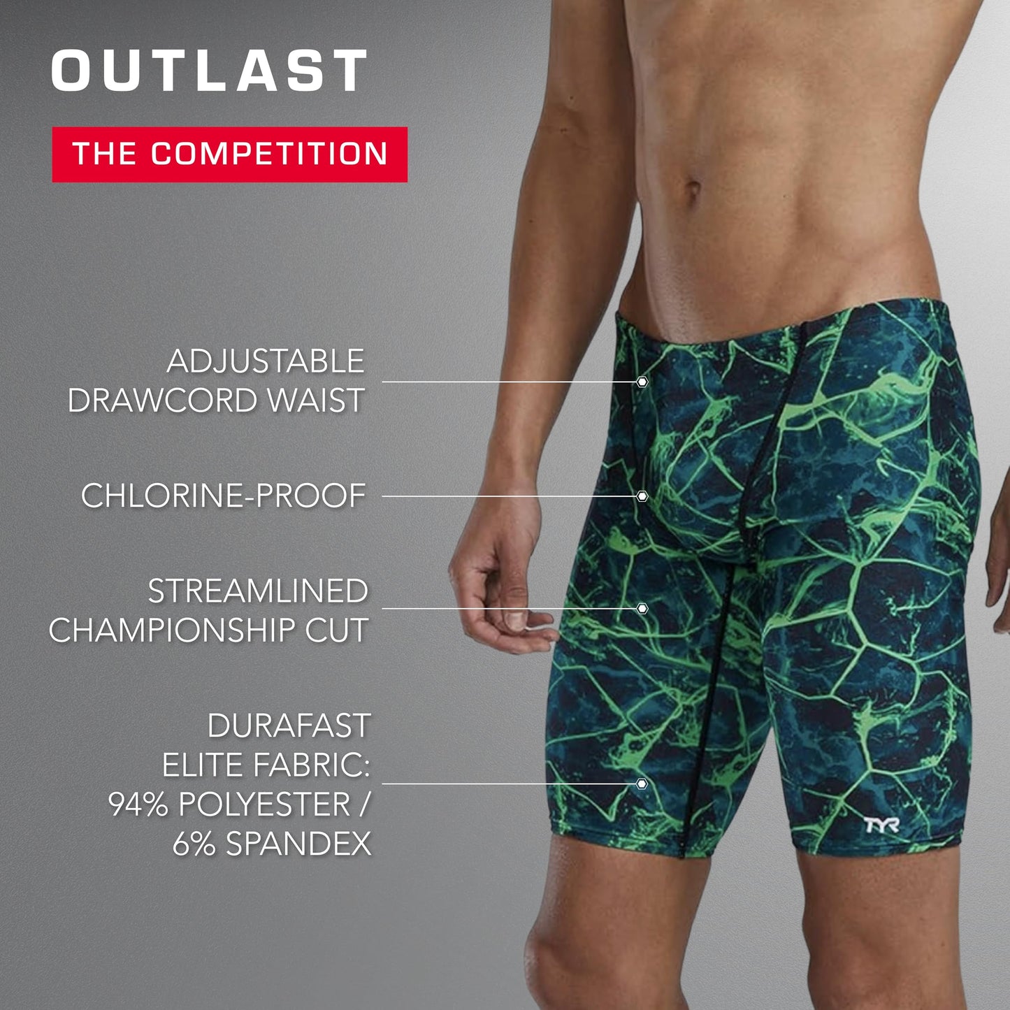 TYR Durafast Elite Swim Jammers for Men - Competition Swimwear with Championship Cut, Ultra-Durable Compressive Fabric - Jammer Briefs for Training, Racing, Recreation, Blue/Synapse