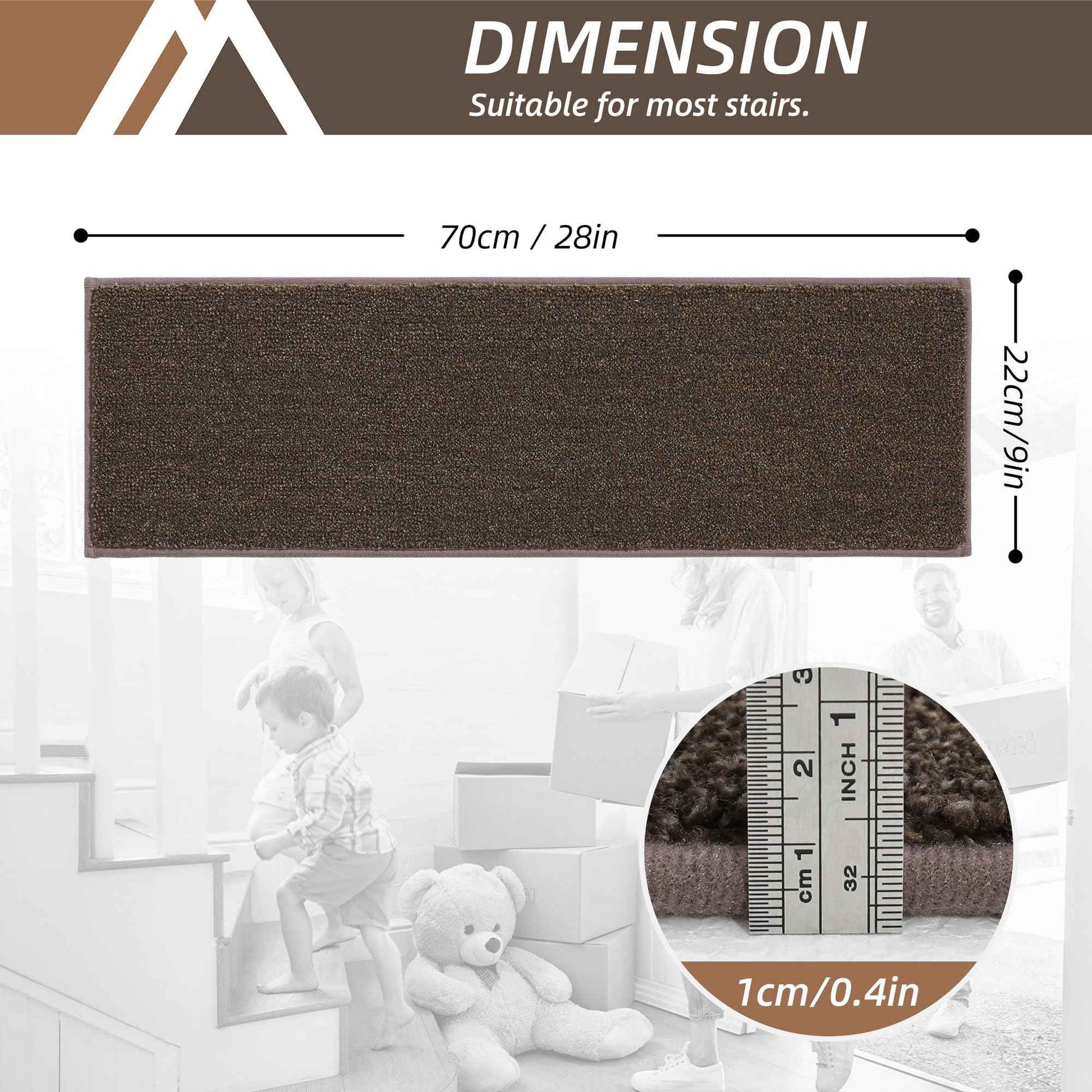 COSY HOMEER Stair Treads Non-Slip Carpet Stair Treads for Wooden Steps, Indoor Stair-Runner Rugs for Kids Elders & Pets 28"x9" (4Pc, Brown)