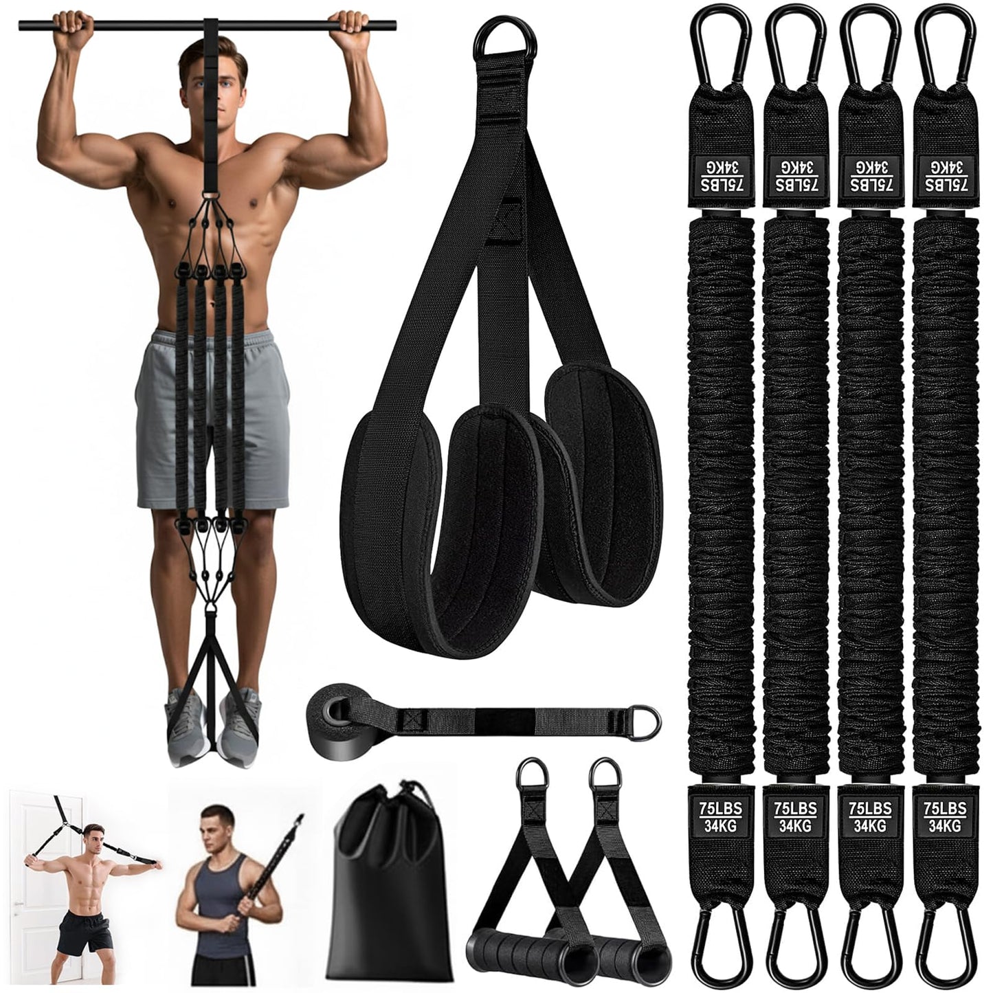 Pull Up Assistance Bands, Heavy Duty Adjustable Resistance Bands for Pull Up Bar with Comfortable Fabric Foot Rest, Pull Up Assist Bands for Strength Training & Home Fitness