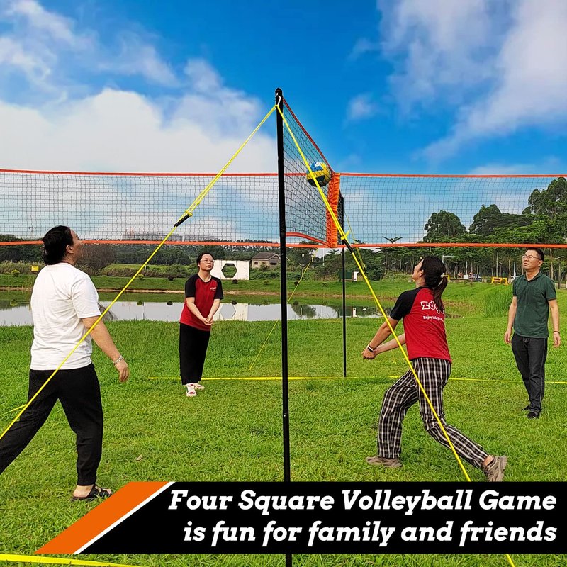 4-Way Volleyball and Badminton Net Combo Game Set - 20ft x20ft Adjustable Height Four Square Volleyball Game net for Backyard and Beach, Coming with Soft Volley Ball, Rubber Hammer with Carry Bag