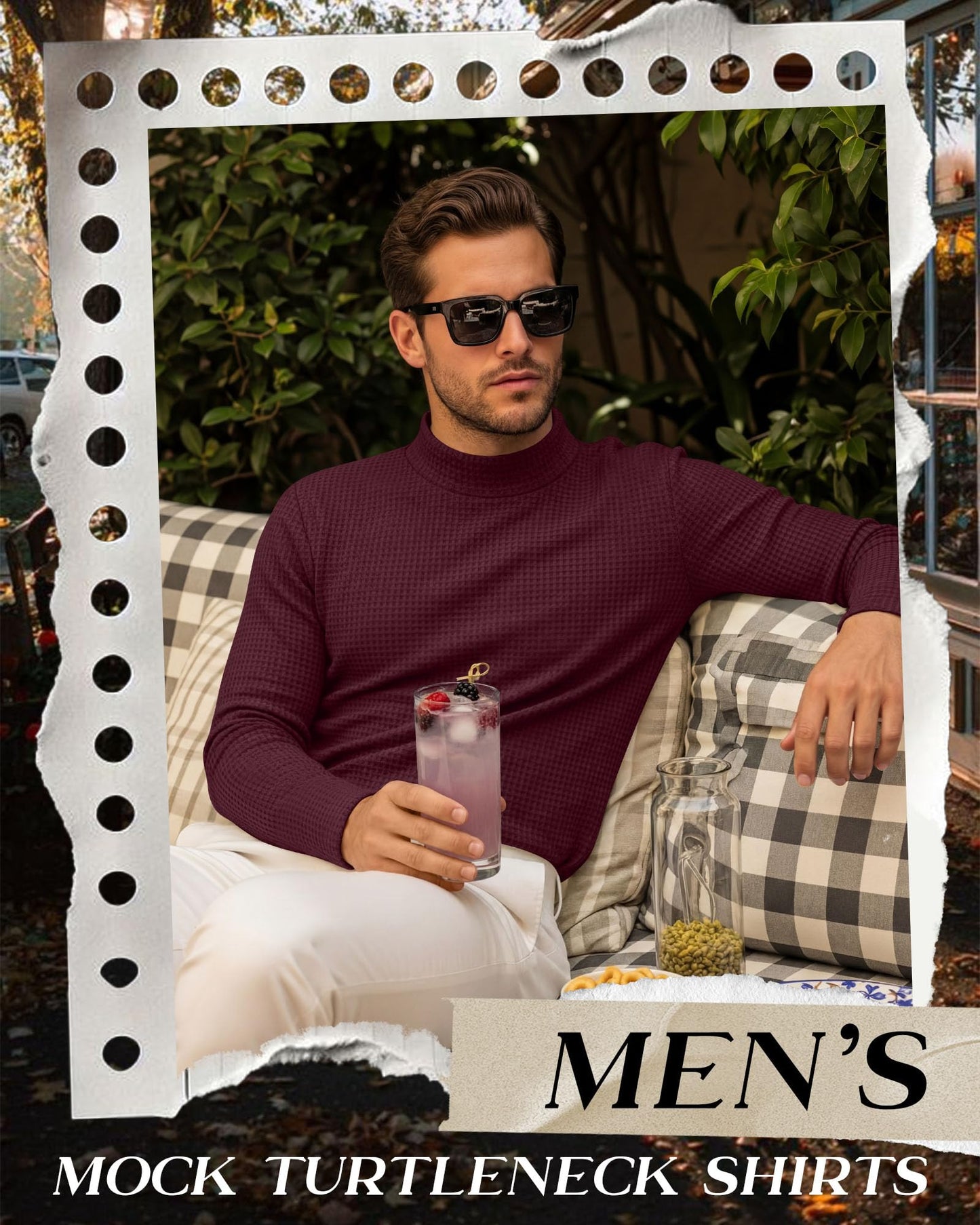 August Alley 3 Pack Men's Waffle Thermal Shirts Long Sleeve Mock Turtleneck Underwear Tops Pullover Undershirts Base Layer(Black, Navy Blue, Wine Red,Large)
