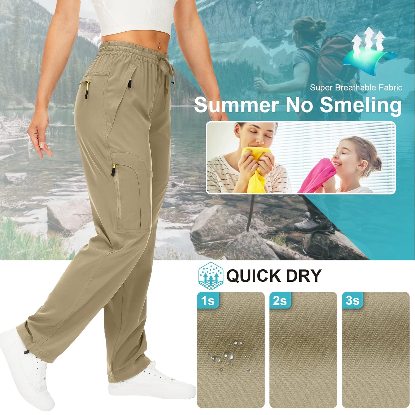 Womens Hiking Pants Sun Protection Quick Dry UPF 50 Lightweight Travel Golf Cargo Safari Pants Zipper Pockets,6608,Khaki,Tall XX-L