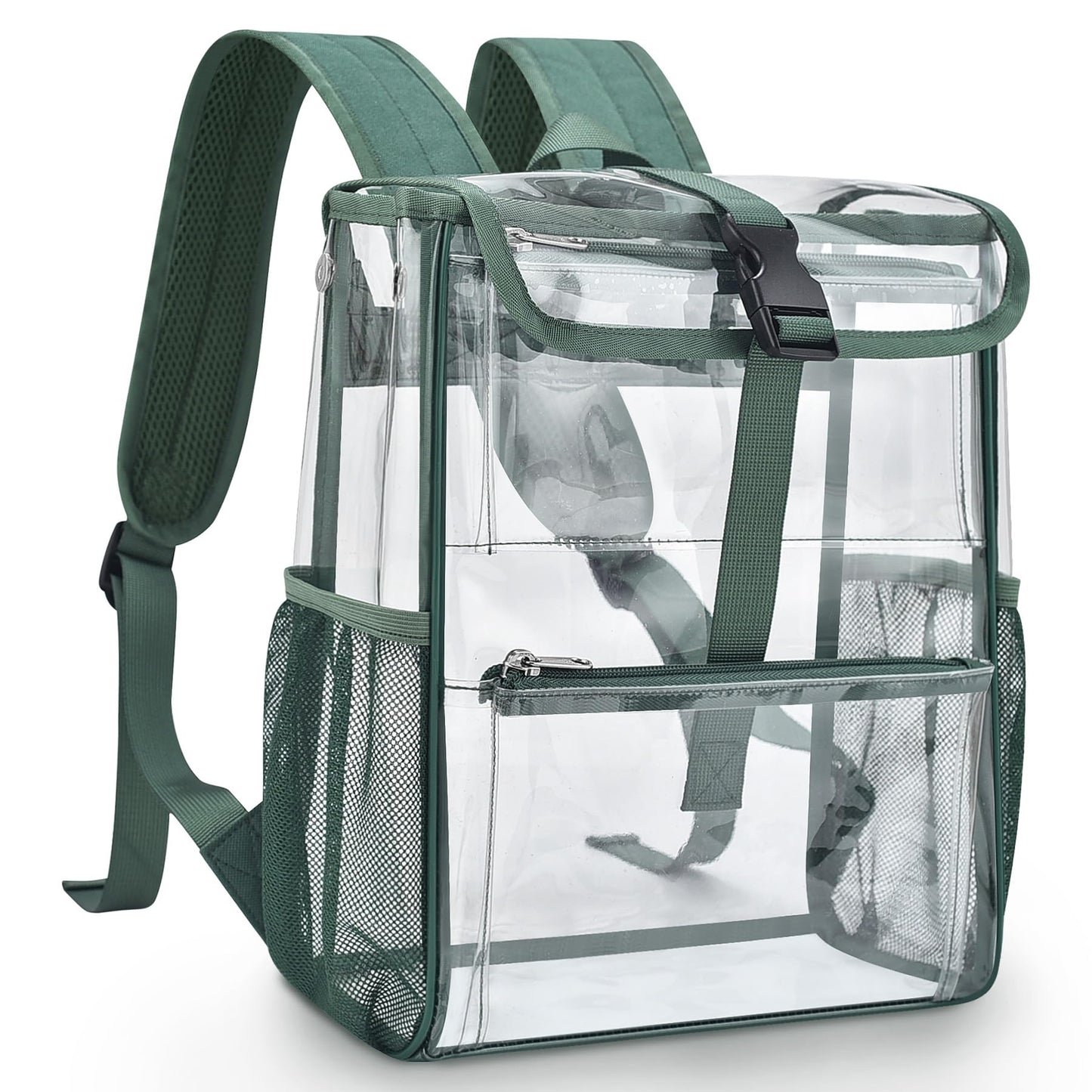 Mildbeer Green Clear Stadium Backpack for Sports Events & Concerts - Compact PVC Flap Backpack with Multi-Pocket Design