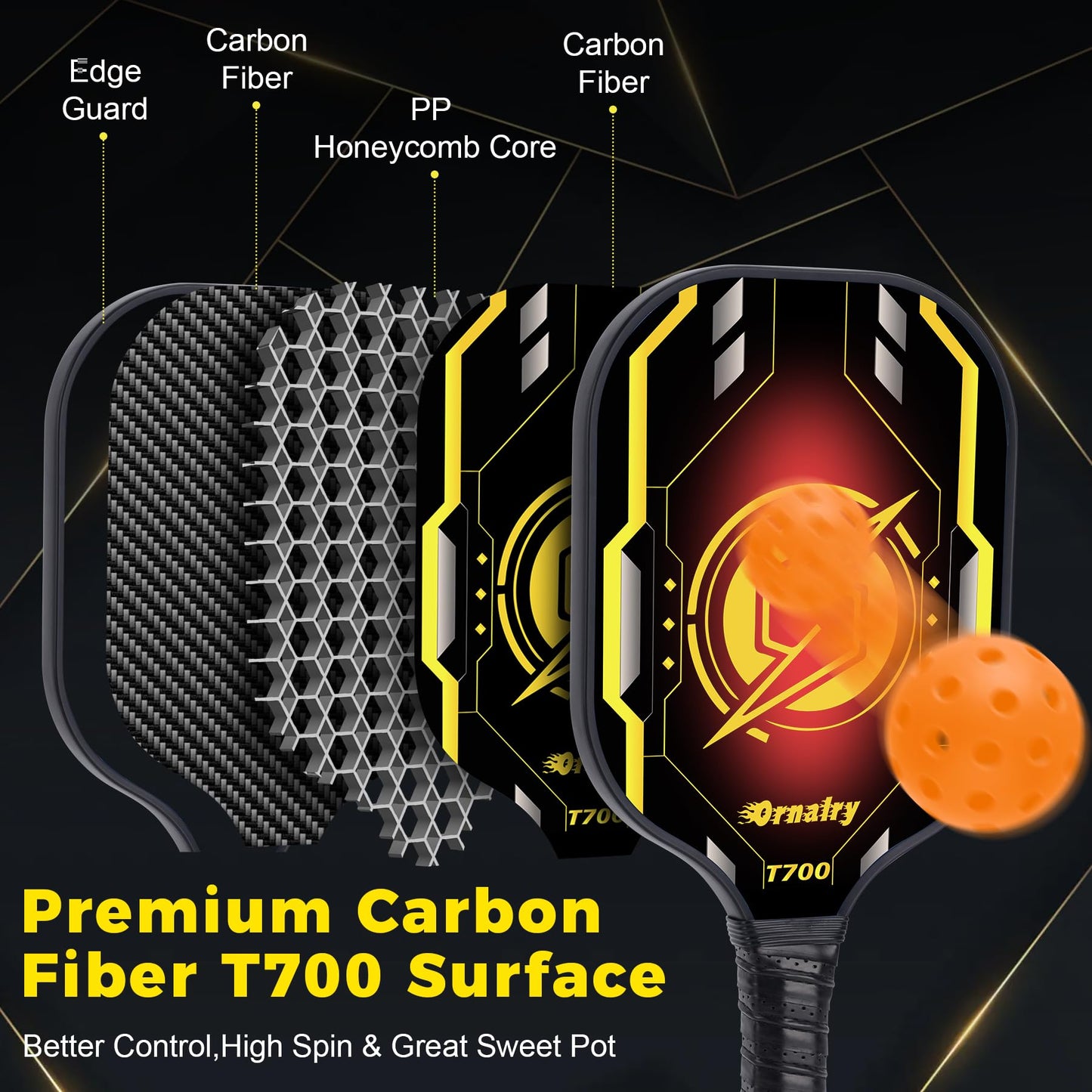 Carbon Fiber Pickleball Paddle: Pickle Paddle Carbon Fiber 16MM Large Sweet Pot High Grit & Spin, 5.5" Long Handle with Anti Sweat Grips Spin & Hybrid Power Paddle for Advanced & Professional