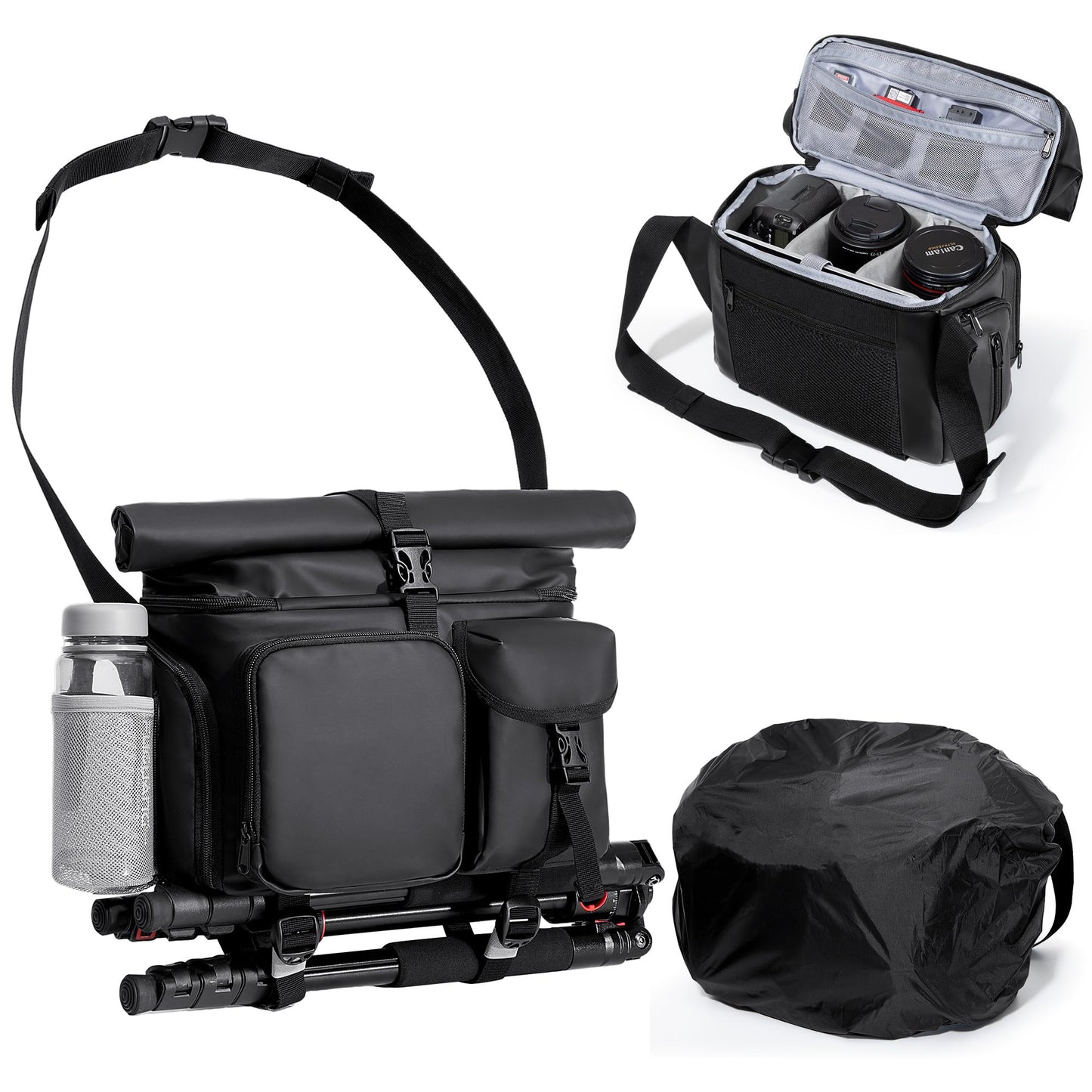 Smasrob Camera Bag with Tripod Holder, Rain Cover and Hidden Water Bottle Holder, Camera Sling Bag with Extra Storage Section, Black
