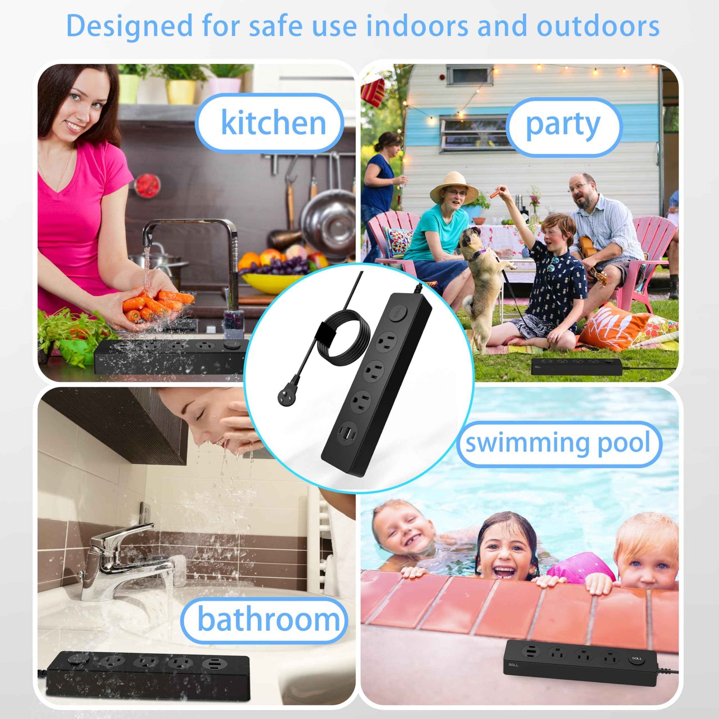 SOLL IPX9 Outdoor Power Strip Weatherproof, Surge Protector Power Strip with 3 Outlet and 3 USB Charging Ports(2 USB C), 5.18FT Extension Cord for Patio, Garden, Bathroom, Kitchen, Garage, Office