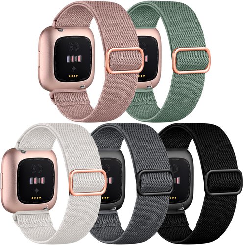 DaQin Elastic Sport Nylon Band Compatible with Fitbit Versa 2 Watch Bands Women Men, 5 Pack Adjustable Stretchy Solo Loop Wristband for Versa/Versa Lite/SE/Fitbit Versa 2 Bands Women of Smartwatch