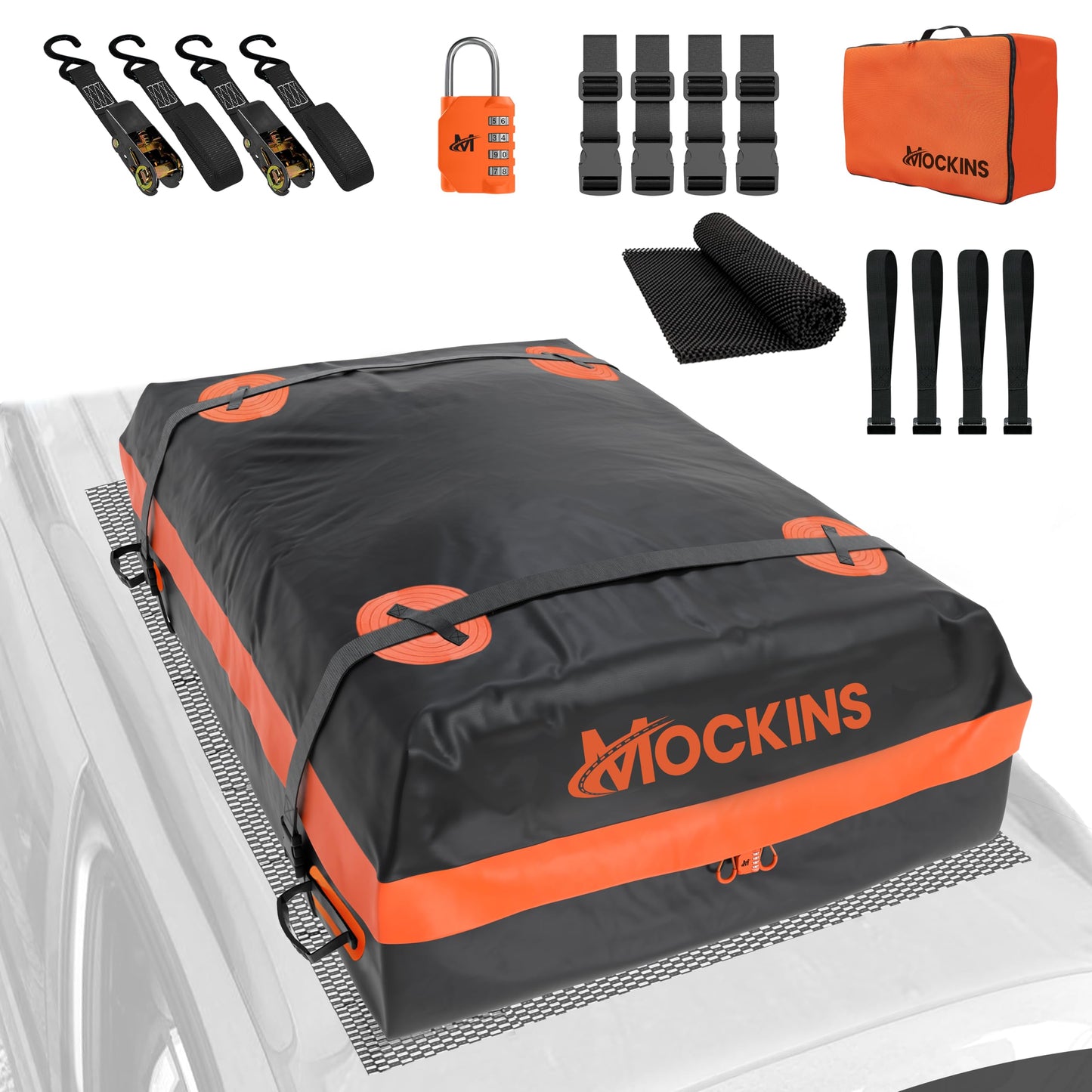 Mockins 20 Cu.Ft. Roof Cargo Bag for Top of Car | 53"x40"x17" All-Weather Rooftop Cargo Carrier Bag | Abrasion-Resistant Vinyl Car Top Carrier Without Roof Rack w/Mat, Straps, Hooks, Lock & Carry Bag