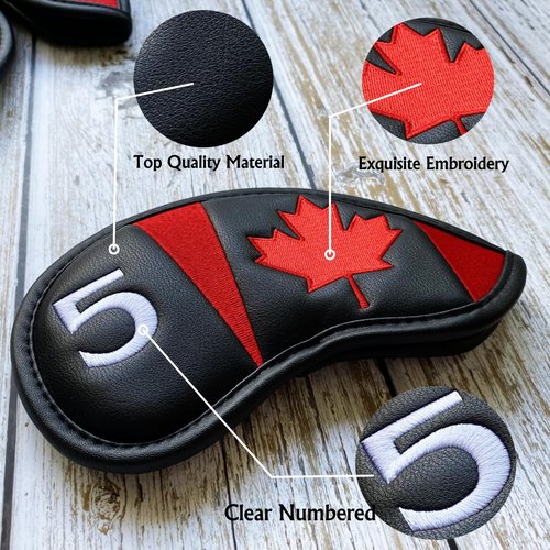 NEwoilkwo Canadian Flag Golf Iron Head Covers Headcovers Set Black Synthetic Leather Golf Iron Covers for Golf Clubs | 10Pack #4-9 Iron Covers, Aw, Sw, Pw, Xw Wedge Covers