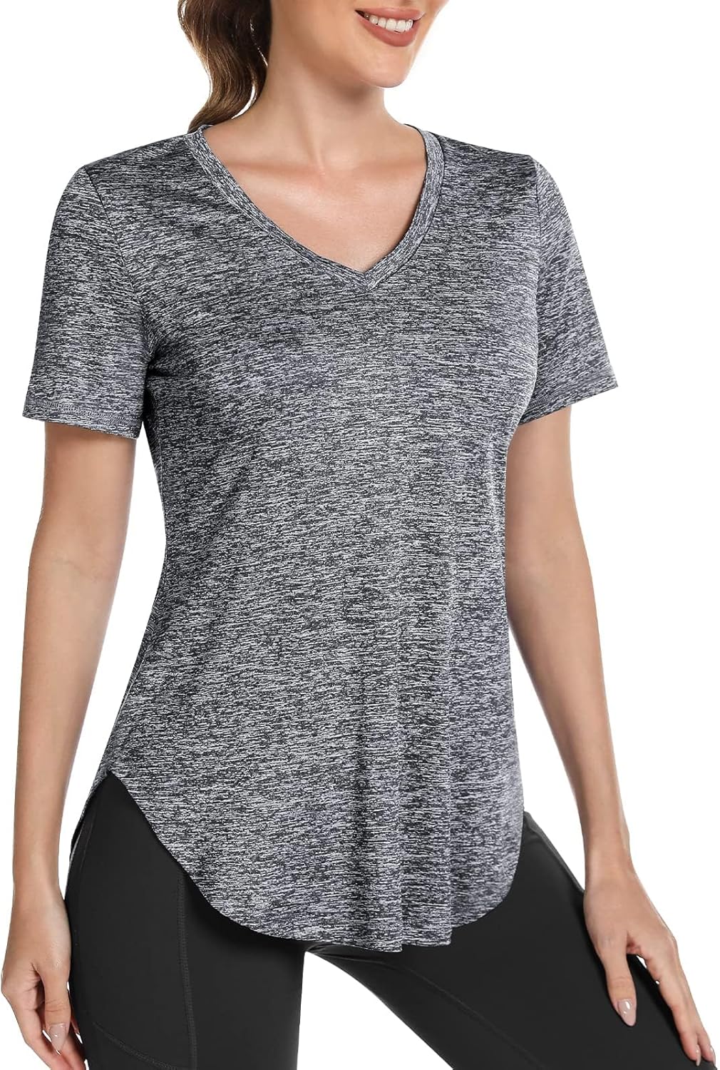 Skiennix Short Sleeve Workout Shirt for Women - Loose Fit V-Neck Yoga & Gym Top | Dry Fit Performance