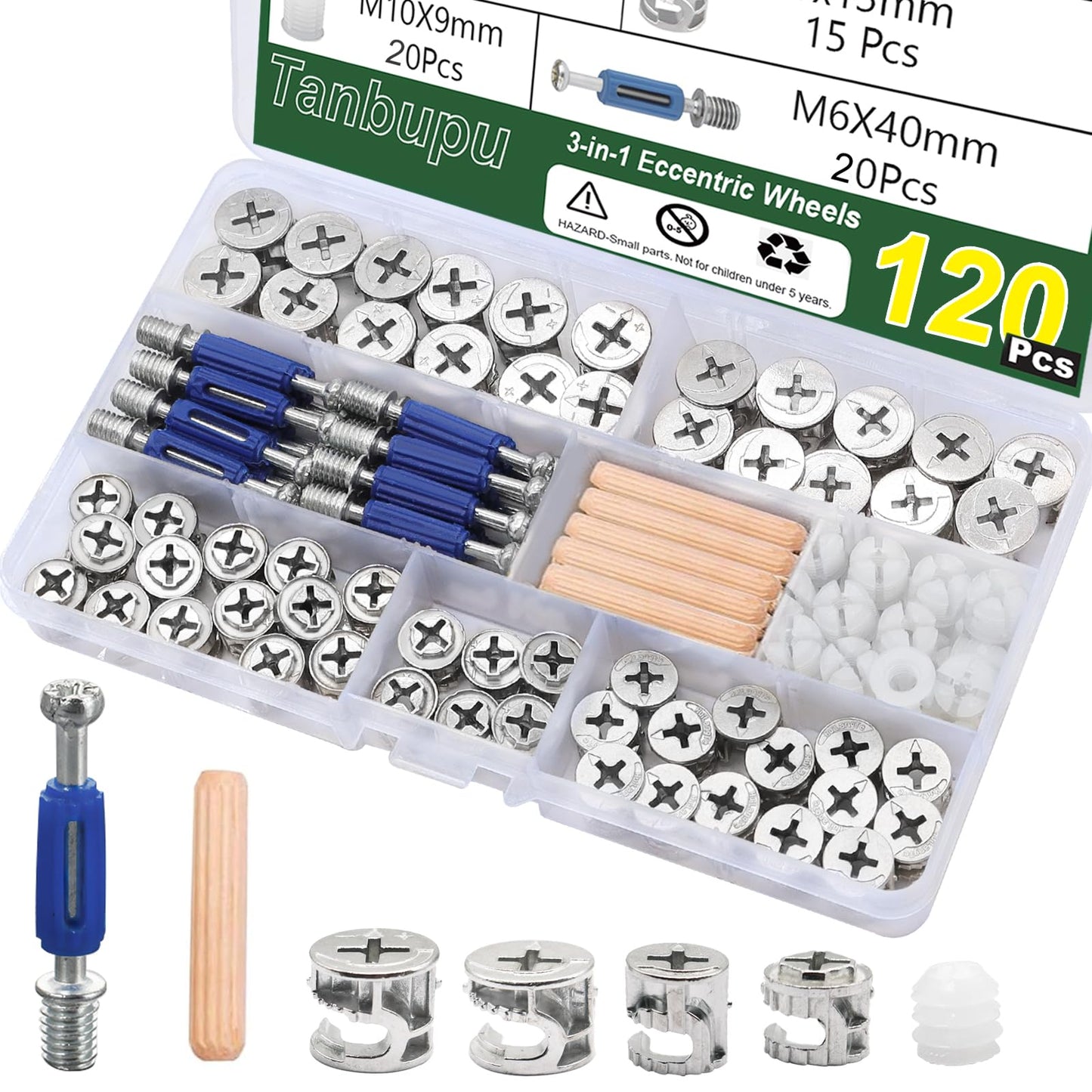 Tanbupu 120PCS Cam Locks for Furniture,3-in-1 Eccentric Hardware Wheels, Cam Lock Nuts and Cam Screws, Furniture Cam Lock Fasteners for Drawer Dresser Cabinet