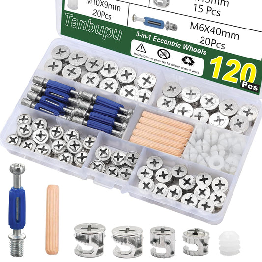 Tanbupu 120PCS Cam Locks for Furniture,3-in-1 Eccentric Hardware Wheels, Cam Lock Nuts and Cam Screws, Furniture Cam Lock Fasteners for Drawer Dresser Cabinet