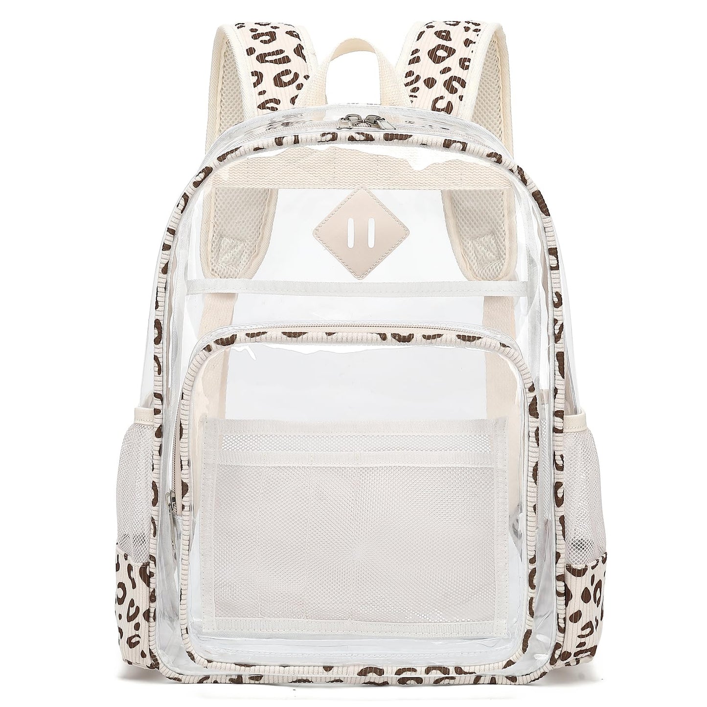 Xunteny Clear Backpack for Girls Women School Bookbag Heavy Duty Transparent Backpacks (Beige Corduroy Leopard)