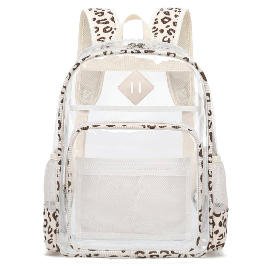 Xunteny Clear Backpack for Girls Women School Bookbag Heavy Duty Transparent Backpacks (Beige Corduroy Leopard)