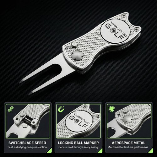 Aiming Fluid Golf Divot Repair Tool – Precision Switchblade Design, CNC-Machined Metal Body, Magnetic Ball Marker, Zero-Wobble Hinge – Premium Golf Accessory (Silver)