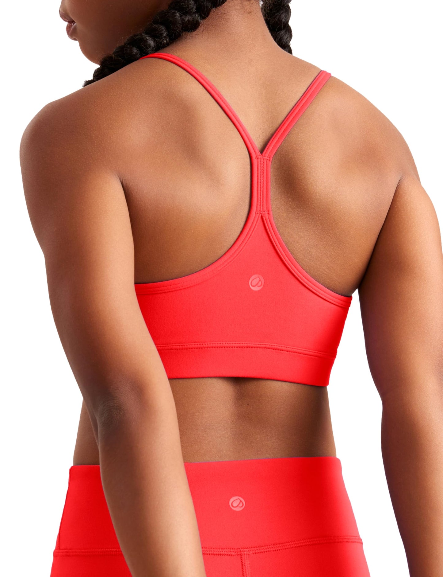 CRZ YOGA Girls Butterluxe Y Back Sports Bra - Yoga Athletic Casual Tops Scoop Neck Spaghetti Strap Padded Crop Kids Teen Deep Red Medium