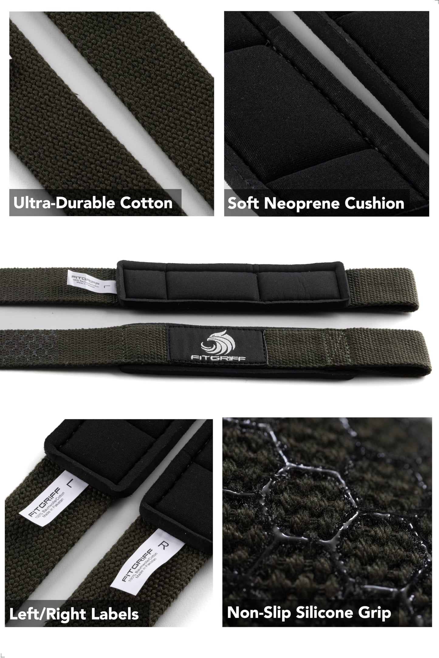 Fitgriff® Lifting Wrist Straps for Weightlifting, Gym, Deadlift, Workout (Made of Premium Cotton & Padded) - Men & Women (Standard, Army Green (Silicone-Grip))