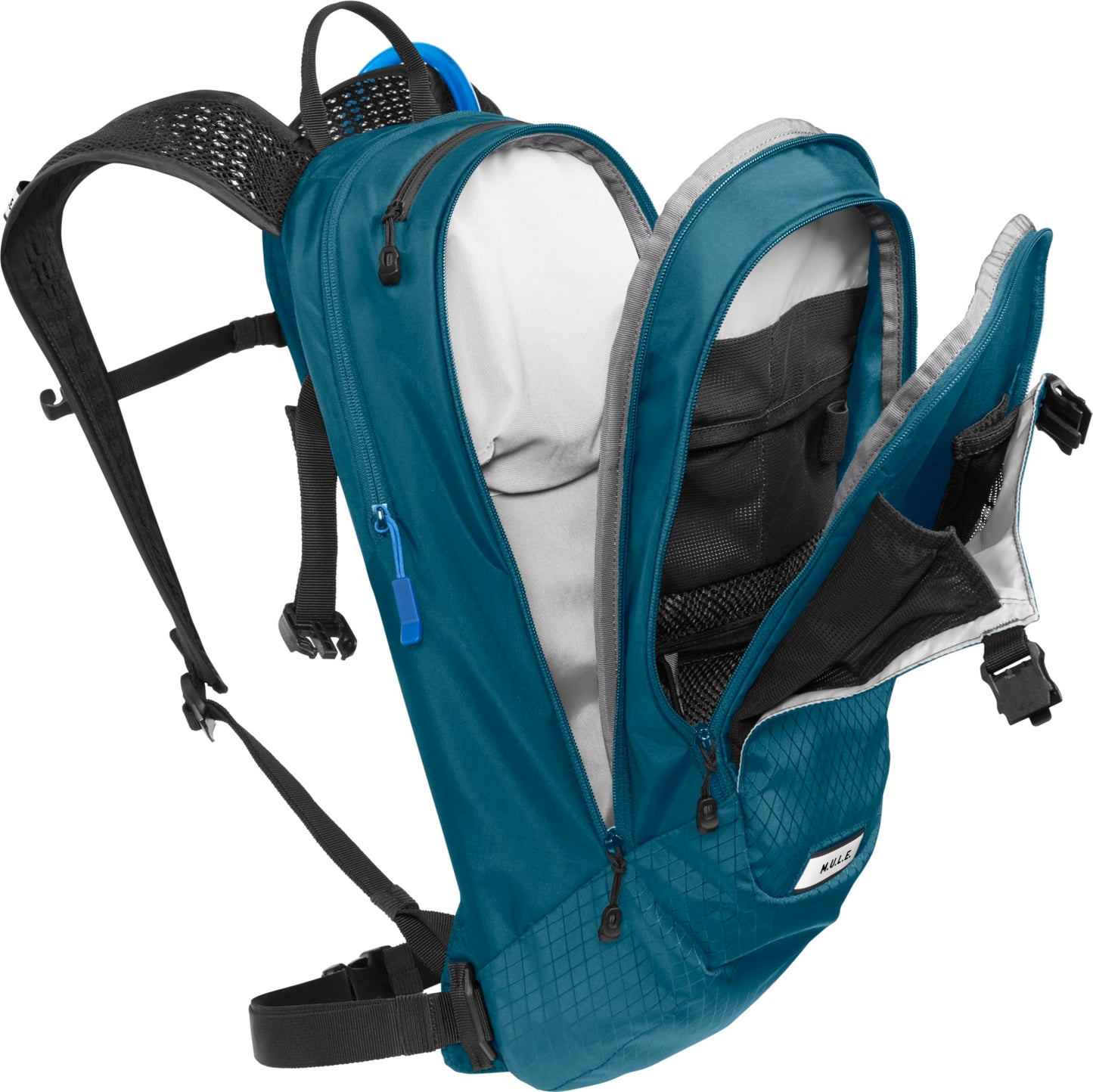 CamelBak M.U.L.E. 12 Mountain Bike Hydration Pack with 100oz Crux Reservoir, All Day Cooling and Smart Storage for Trail Riding, Moroccan Blue/Black