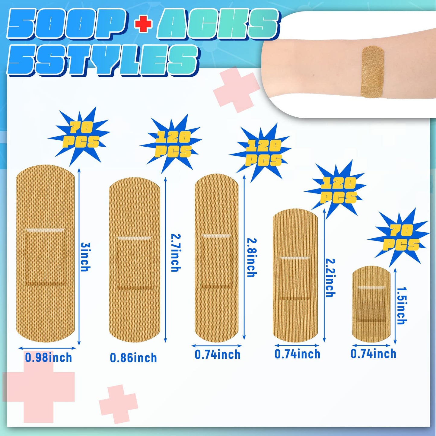 Supervitae 500 Pcs Adhesive Bandages Bulk Assorted Sizes Flexible Breathable Bandages Patch for Family First Aid Skin Wrap Finger Wound(Fabric,Natural)