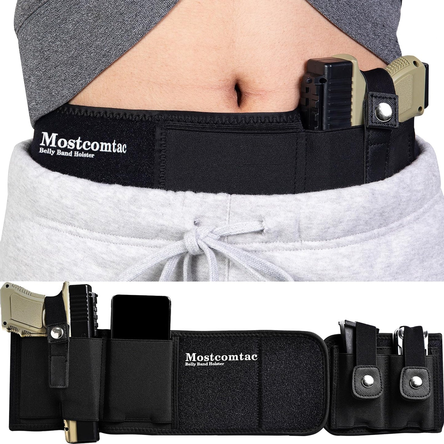 Mostcomtac Belly Band Holster for Men & Women - Breathable Neoprene Gun Holster, Multi - Pocket Tactical Belt for Outdoors, Fits G17-43x, Taurus G3C, G2C and Most 9mm and 380 Handguns（L-M）