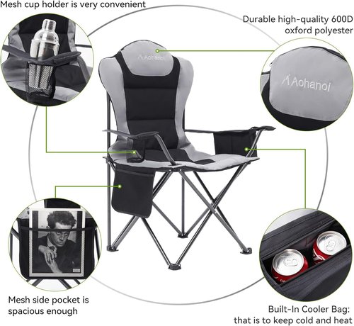 Aohanoi Camp Chairs - Heavy-Duty Folding Outdoor Chairs with Cup Holder & Cooler Bag | Supports Up to 300lbs (2 Pack, Black)