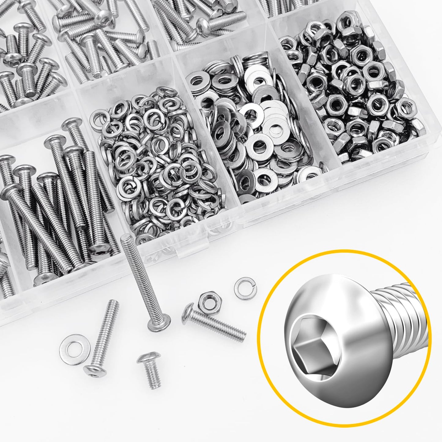 Mywish 550Pcs M3 Screw Metric Screw Assortment, 304 Stainless Steel Hex Socket Button Head, 3D Printer DIY Metric Bolt Assortment, Flat & Spring Lock Washers/Nuts/Hex Wrenche M3*6/8/12/14/16/20/25mm