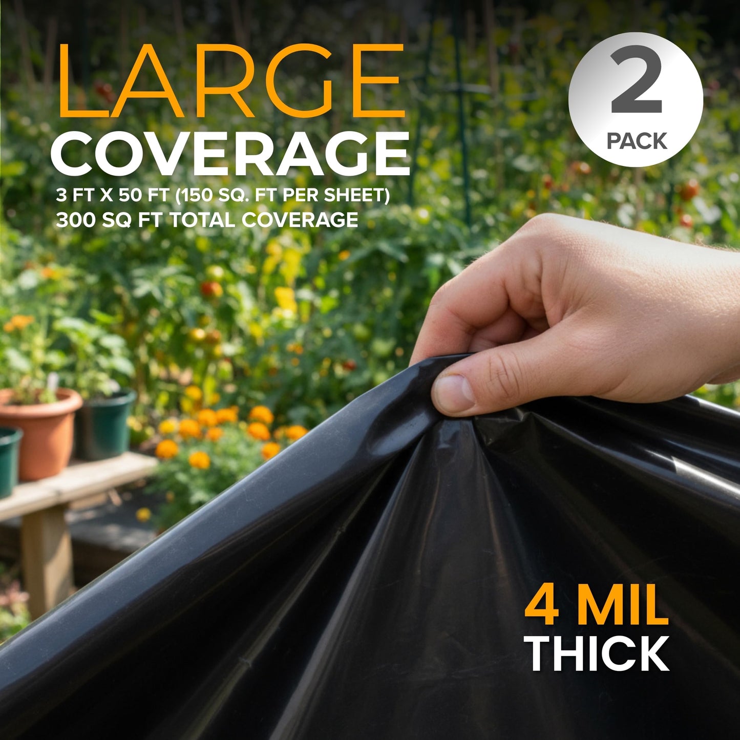 Black Plastic Sheeting Roll 3'x50' (2 Pack) – 4 Mil UV Protected, Weed Barrier & Landscape Plastic for Gardening, Root Blocker & Moisture Barrier, Protective Covering for Painting & Equipment