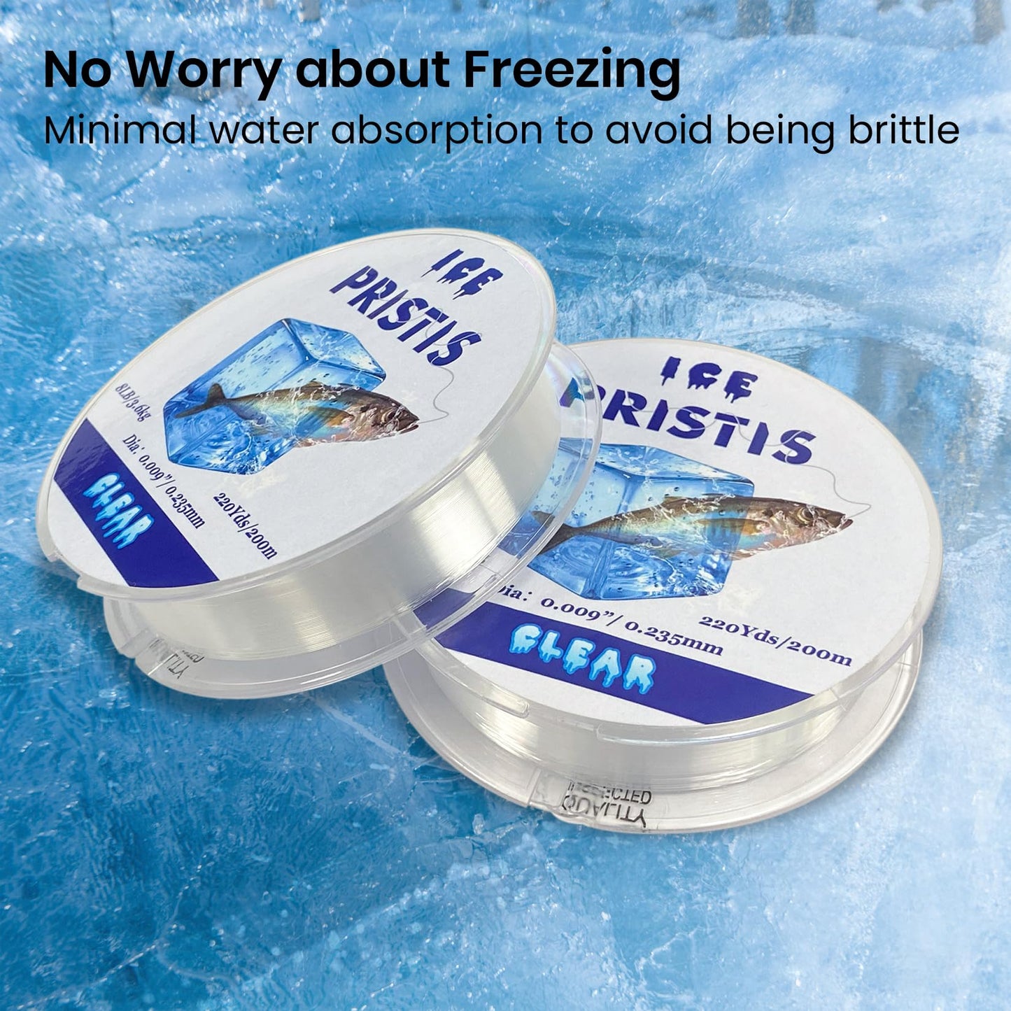 Pristis 2 LB Fluorocarbon Coated Ice Fishing Line, 220 Yds Clear Abrasion Resistant Copolymer High Strength Nylon Line with Spool, Superior No Freezing Low Memory Premium Quality Saltwater Freshwater