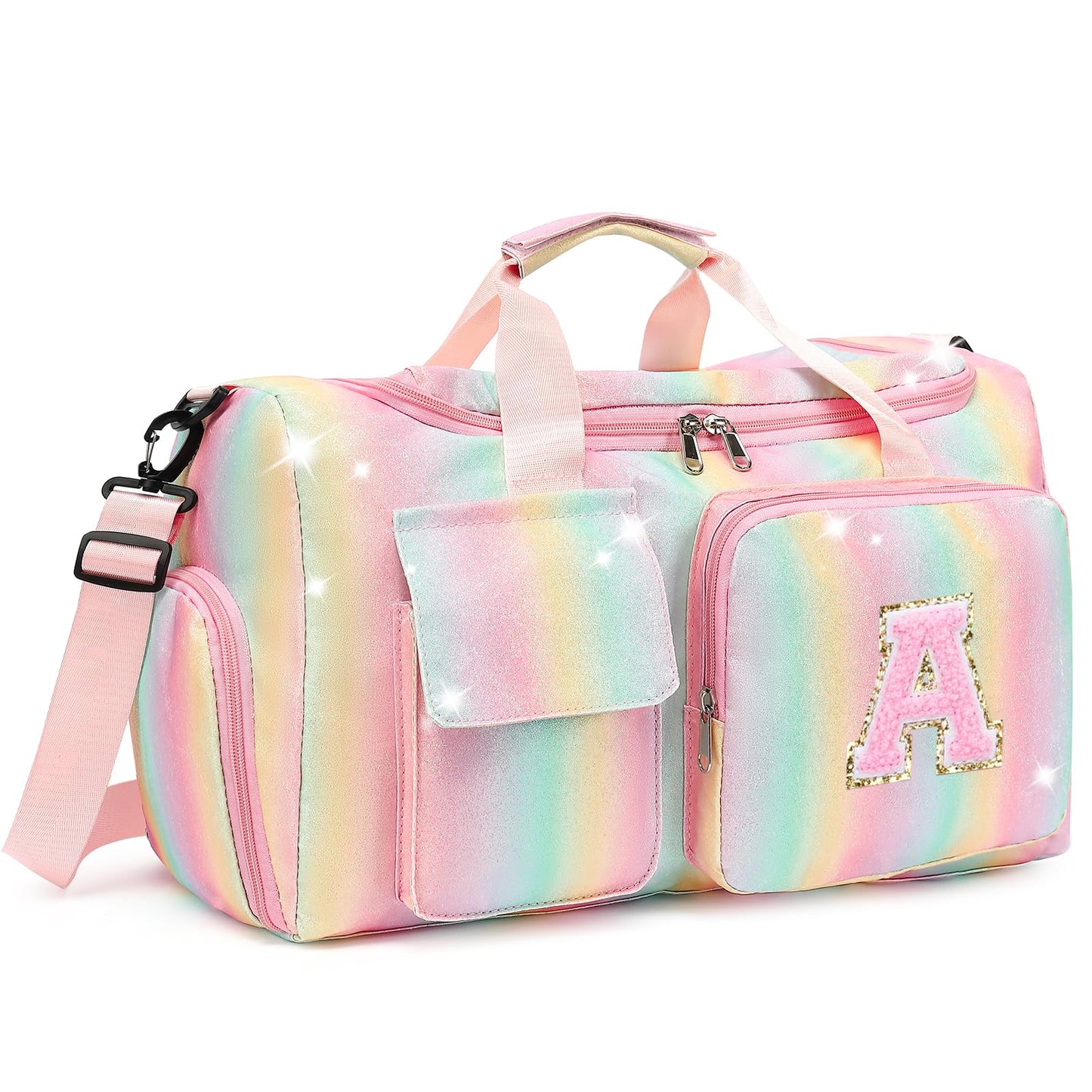 HuiLeo Birthday Gift for Teen Girl Gifts Trendy Stuff, Kids Travel Duffle Bag Girls Initial Gym Bag with Shoes Compartment, Personalized Weekender Bags Pink A