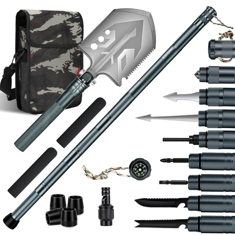Tactical Survival Walking Stick, 16-in-1 Hiking Staff Heavy-Duty Collapsible Multitool for Camping, Reliable Tactical Kit for Outdoor Adventures, 7Tubes + Tactical Shovel