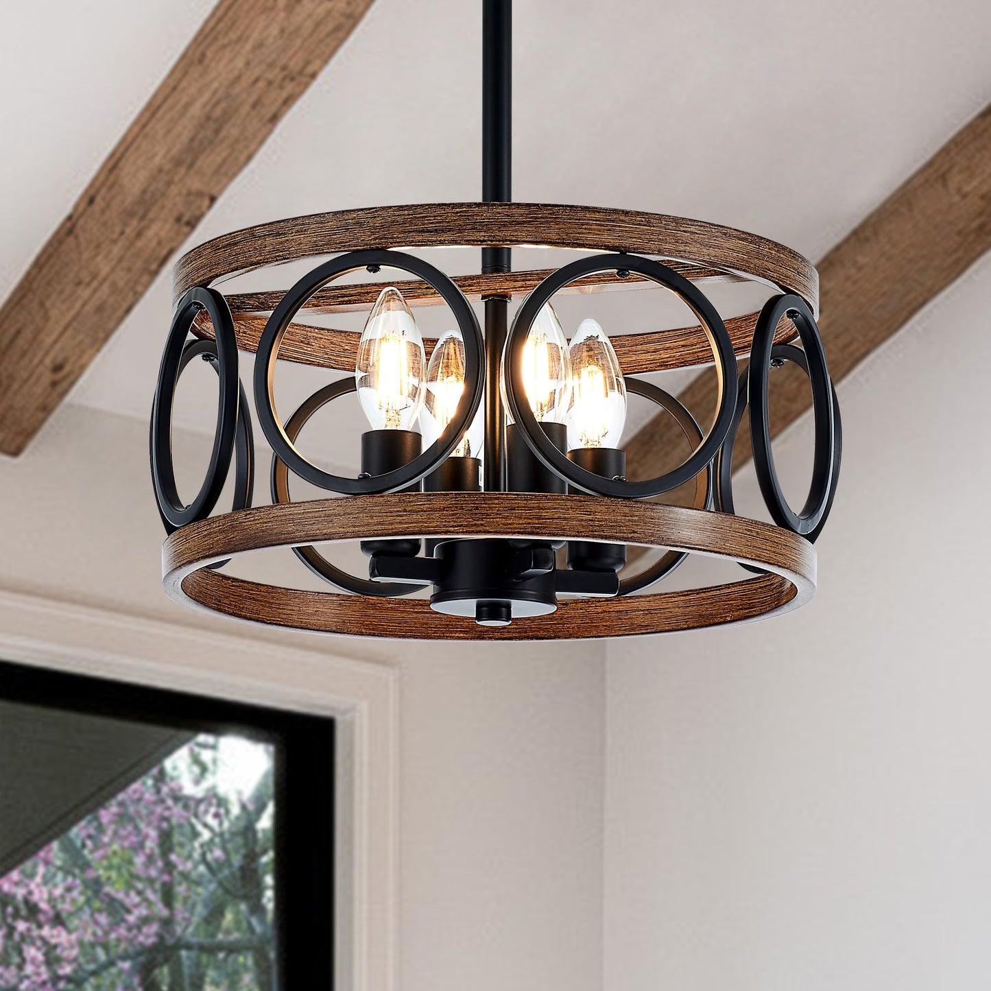 Faibra 4-Light Farmhouse Drum Pendant Light,12.6'' Nature Wood Texture Vintage Rustic Chandeliers Black Metal Industrial Hanging Light Fixtures for Entryway, Bedroom Dining Room