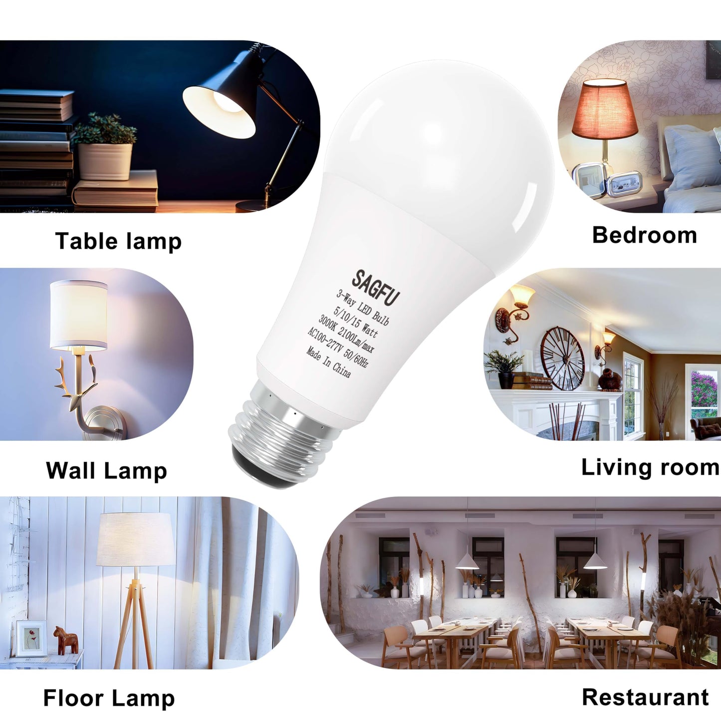 SAGFU 2-Pack 3 Way Light Bulbs 50 100 150 W Equivalent Soft White 3000K,5W 10W 15W,A19, Three Way Light Bulbs 700 1400 2100Lm, E26 Medium Base for Reading Bedroom Living Room Study 3