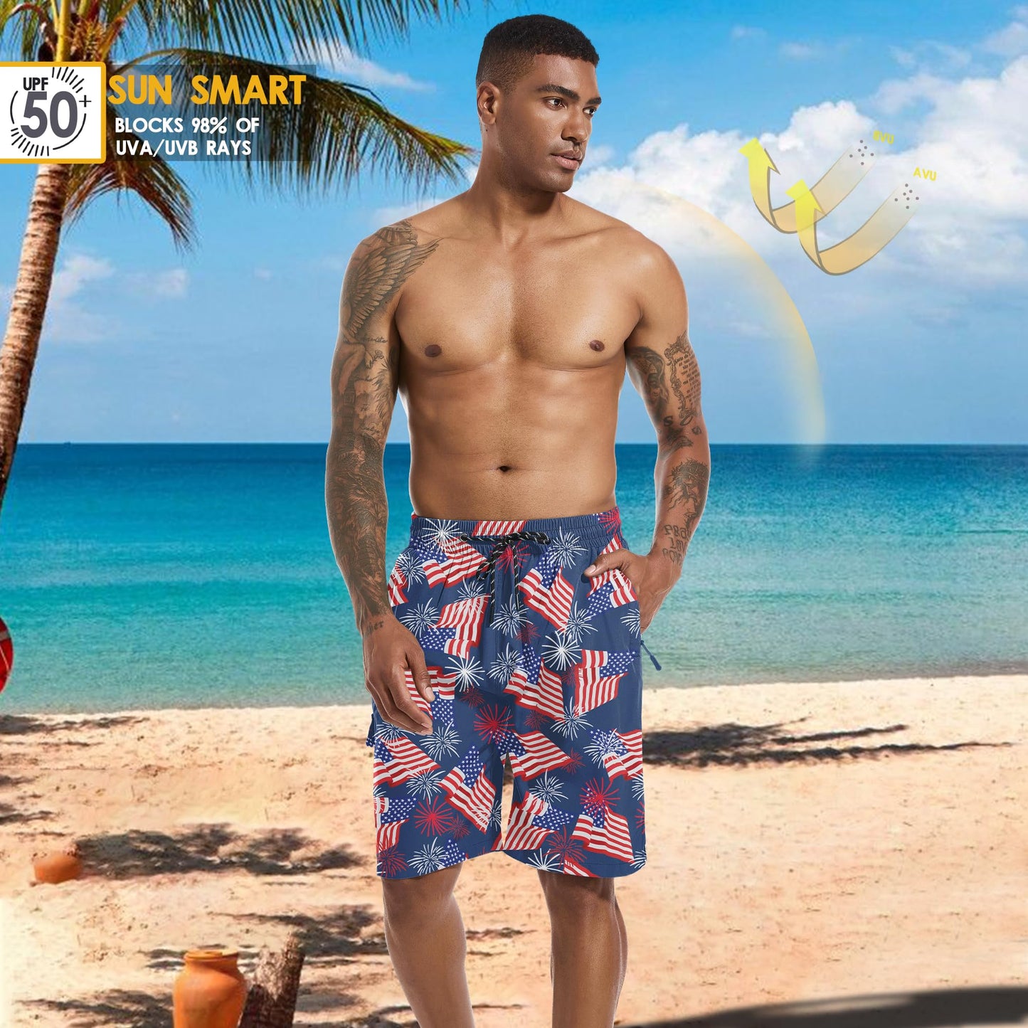 Mens Swim Trunks with Boxer Brief Compression Liner, Navy American Flag Men Bathing Suit Swimming Trunks 9" Zipper Pockets Board Shorts Men's Swimwear, Quick Dry Beach Shorts Swimsuits, XL