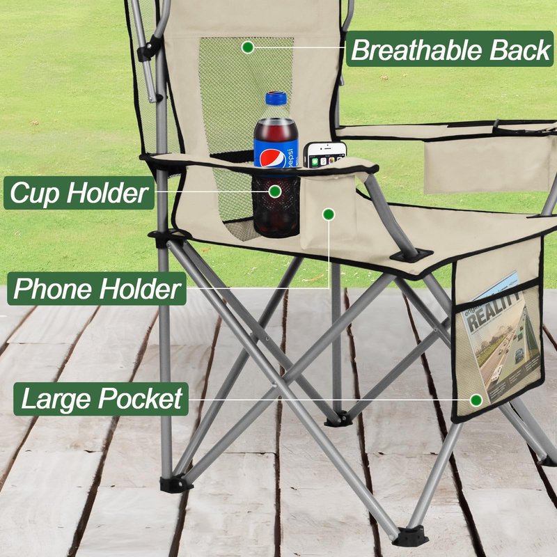 ptlsy Folding Camping Chair with Canopy, Beach Chair with Canopy Shade with Cup Holders, Cooler Bag for Camping, Fishing, Beach, Sports and Concert (White)