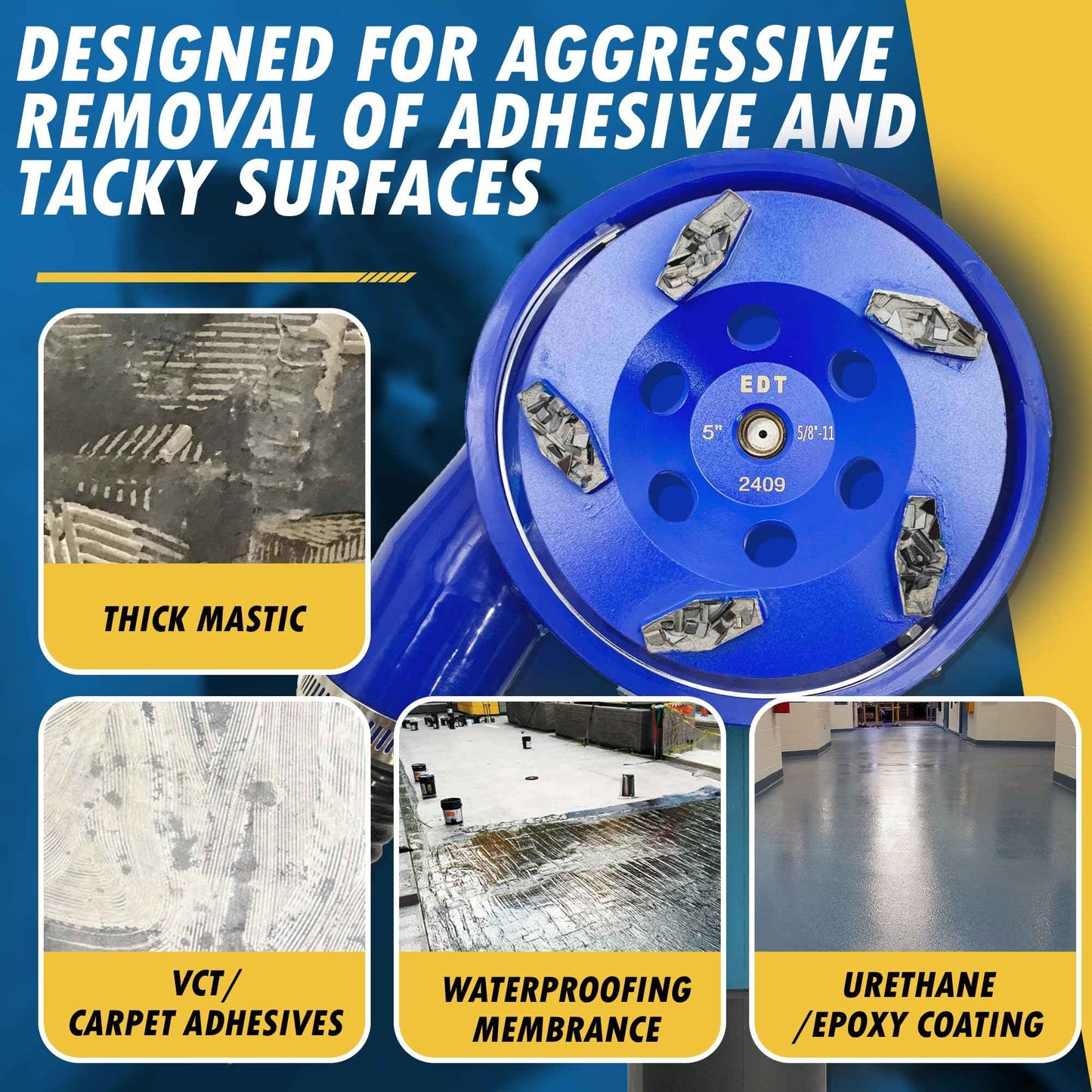 5" PCD Grinding Wheel for Epoxy, Glue, Mastic and Paint, 5 Crushed Chip PCD Segments, 5/8"-11 Threaded Arbor