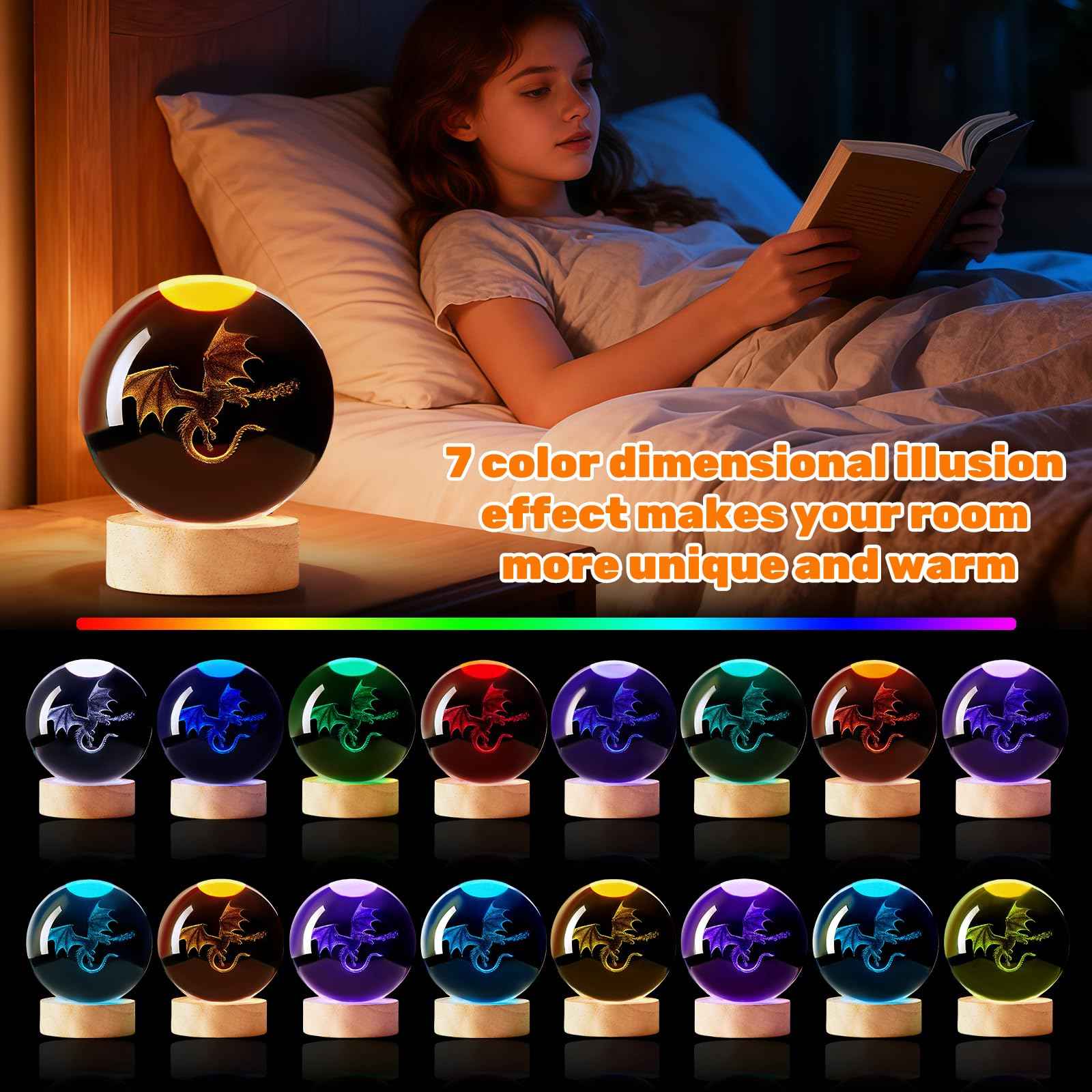 3D Dragon Crystal Night Light, 3.15 Inch Crystal Ball Lamp with Remote 16 Color Change, Dragon Figurines Toy Gifts for Birthday Christmas