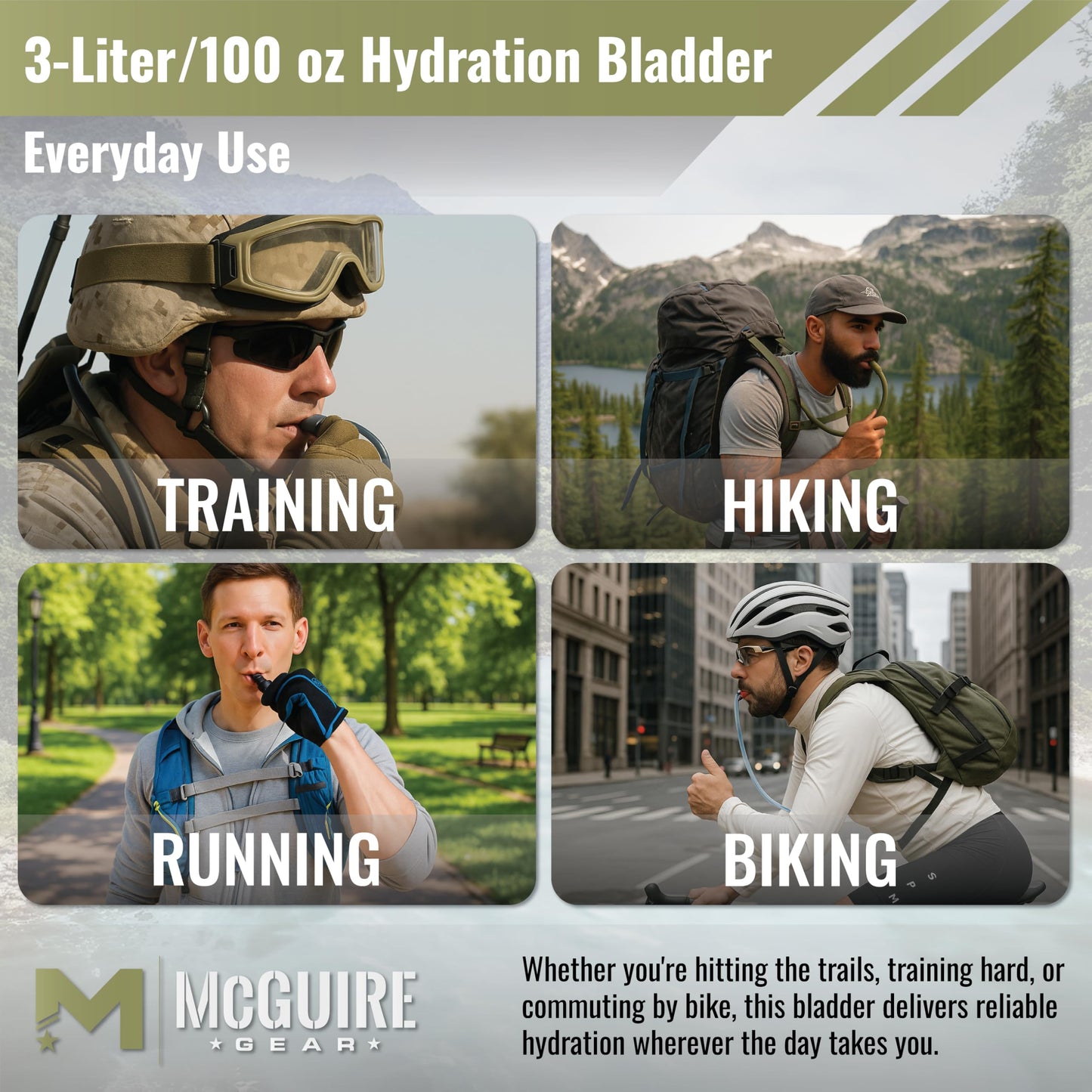 M MCGUIRE GEAR Hydration Bladder, 3L/100 oz. Water Bladder, Leak Proof Hydration Pack, Water Reservoir with Insulated Drinking Tube for Hiking, Cycling, and Biking (Olive Drab)