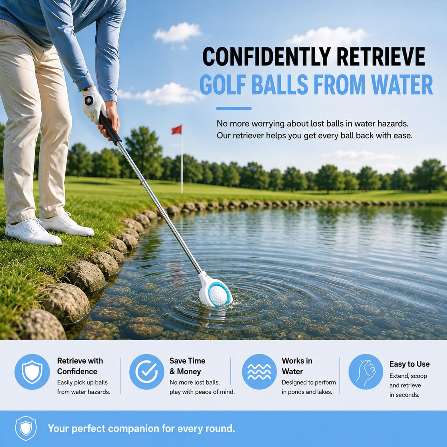 CHAMPKEY Performance Golf Ball Retriever Single Sided - Thicken Stainless Steel Shaft with Rubber Grip Golf Retriever - Available in 9Ft / 12Ft / 14.5Ft / 16.3Ft (9 FT)