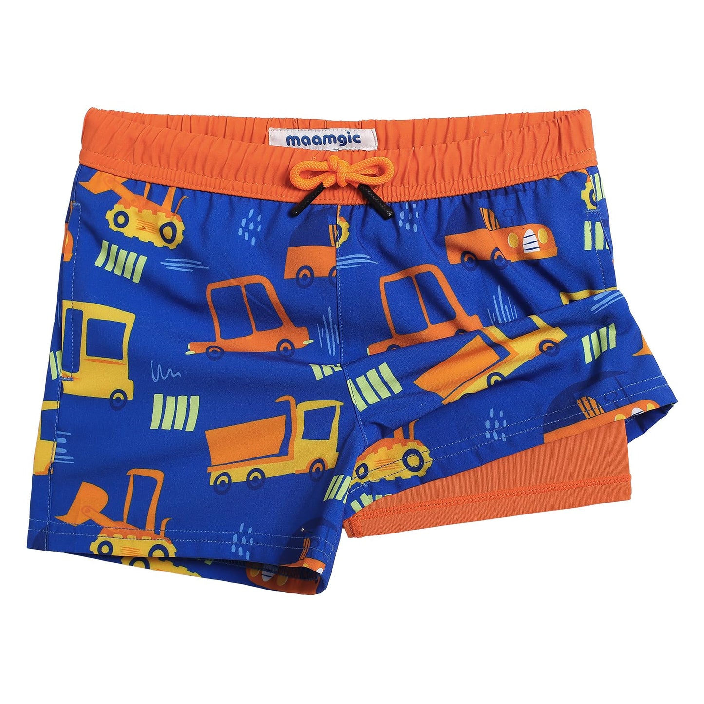 maamgic Boys Swim Trunks with Compression Liner Toddler Stretch Swim Shorts Quick Dry Swimming Trunks Boxer Brief 2 in 1 Beach Shorts Blue Vehicle 14/16