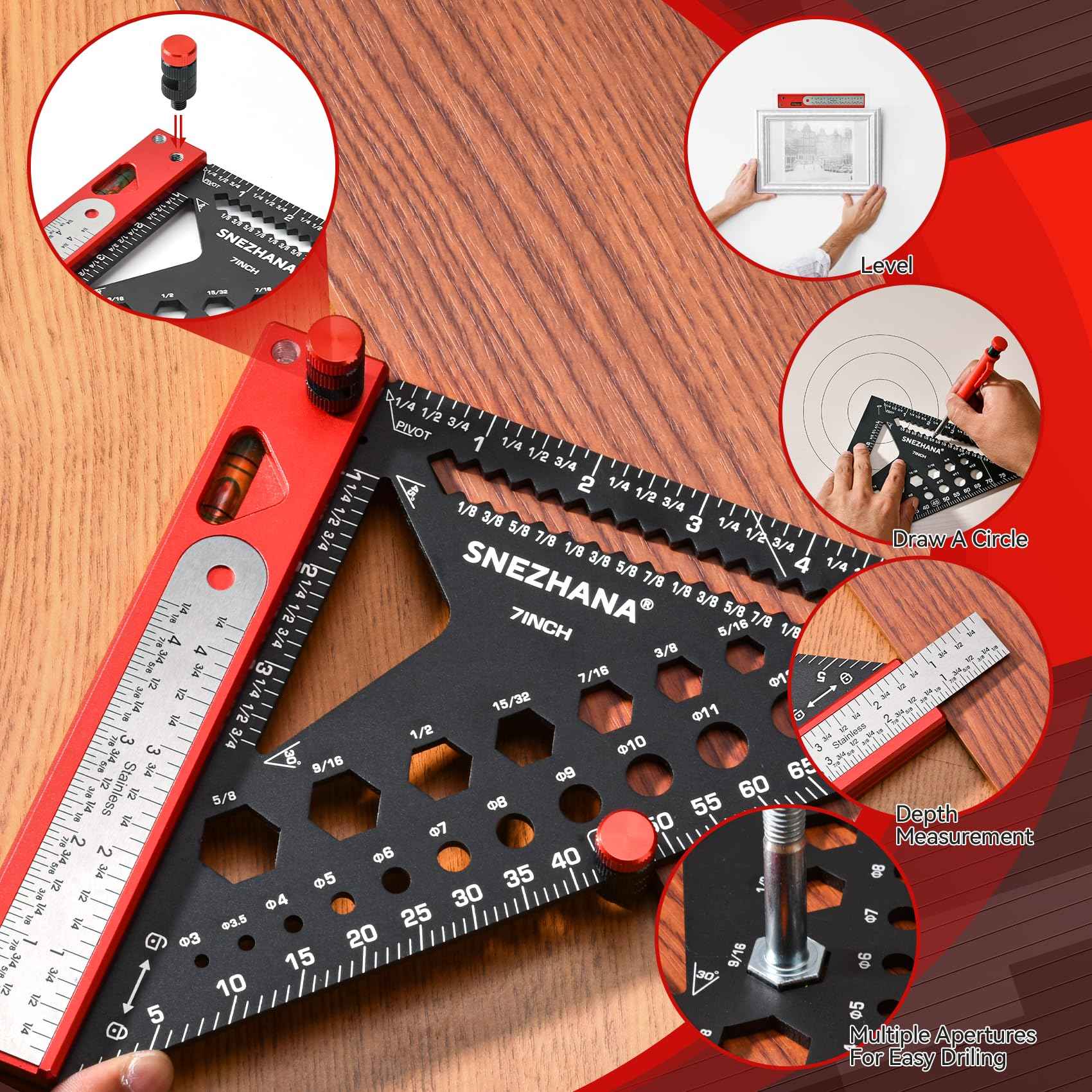 SNEZHANA 7" Rafter Square with Carpenter Pencil and Bubble Level, Multi Purpose Measuring Tool for Precision Woodworking, Roofing, and Framing