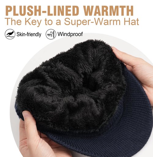 Wmcaps Mens Winter Beanie with Brim - Fleece Lined Thermal Knit Visor Hat for Cold Weather Black