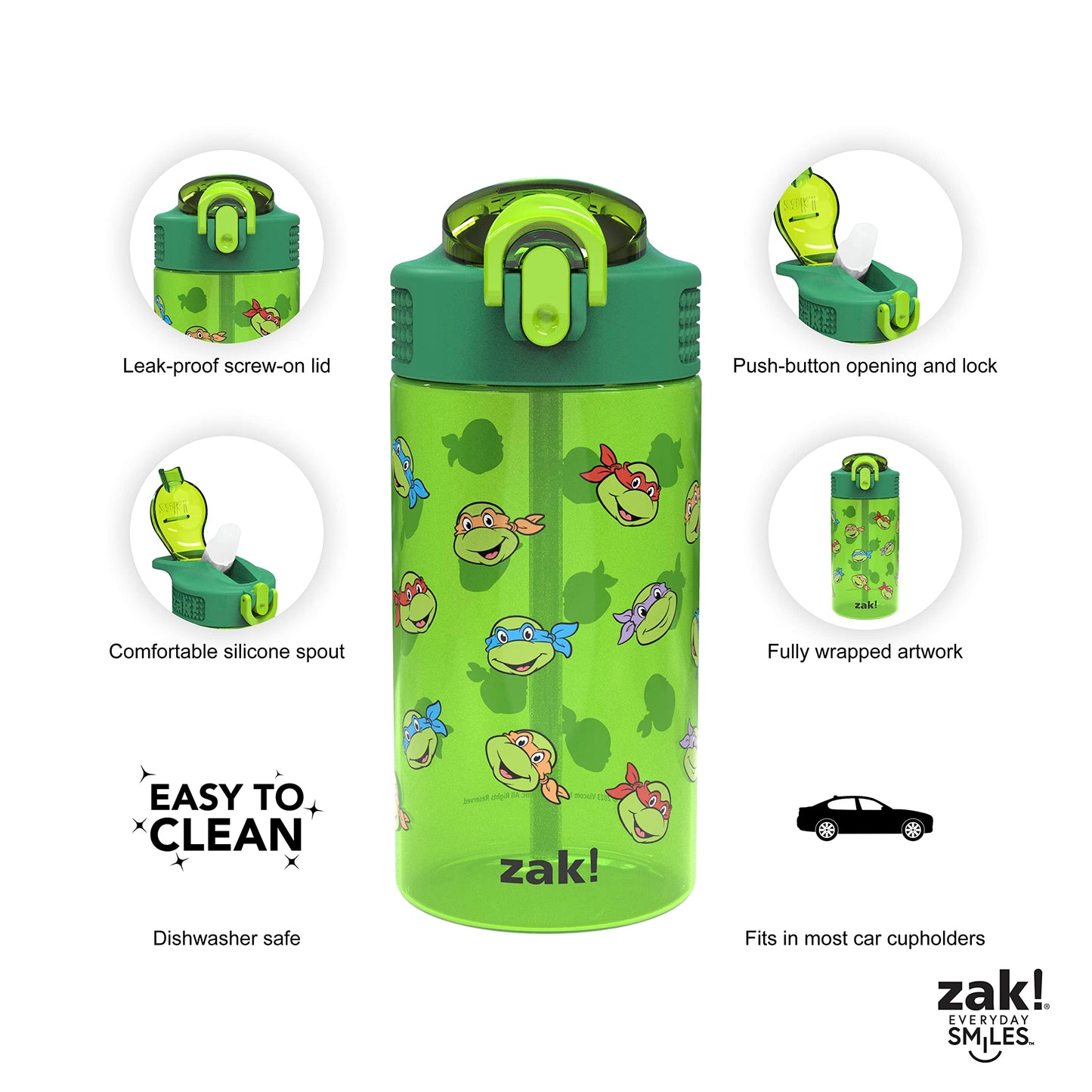 Zak Designs Teenage Mutant Ninja Turtles Kids Water Bottle For School or Travel, 16oz 2-Pack Durable Plastic Water Bottle With Straw, Handle, and Leak-Proof, Pop-Up Spout Cover (TMNT)