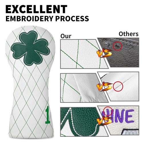 Golf Headcovers Golf Driver Fairway Hybrid Head Cover Golf Blade Mallet Putter Cover Lucky Clover Cross Pattern Premium Leather Driver Fairway(FW) Wood Hybrid(UT) with Number Tags.