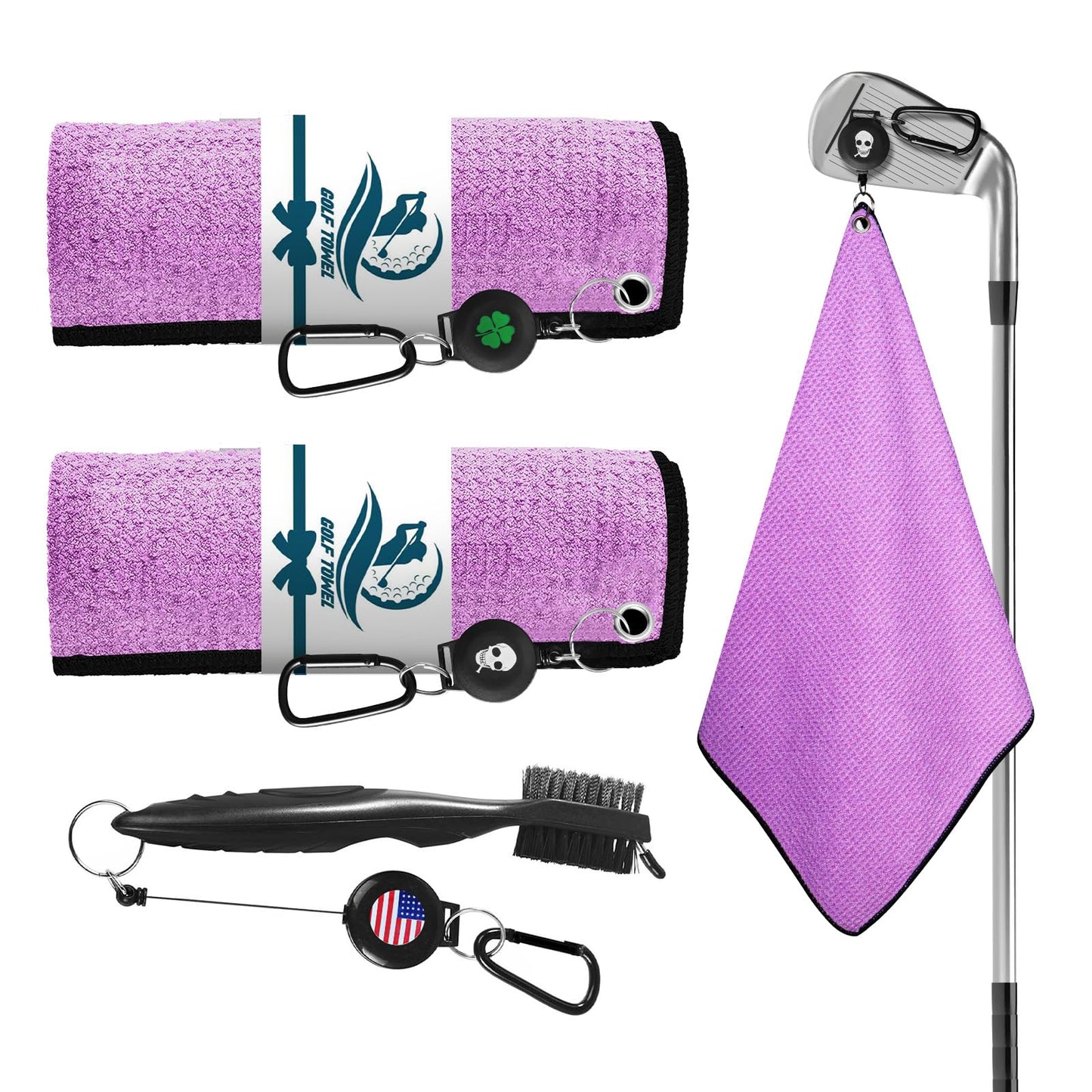 Amy Sport Golf Towels for Golf Bags for Women Men Value 2 Pack with 3 Strong Magnetic Retractable Carabiner and Black Brush, 16''X16'' Microfiber Waffle Pattern Towel Absorbent Set (Purple)