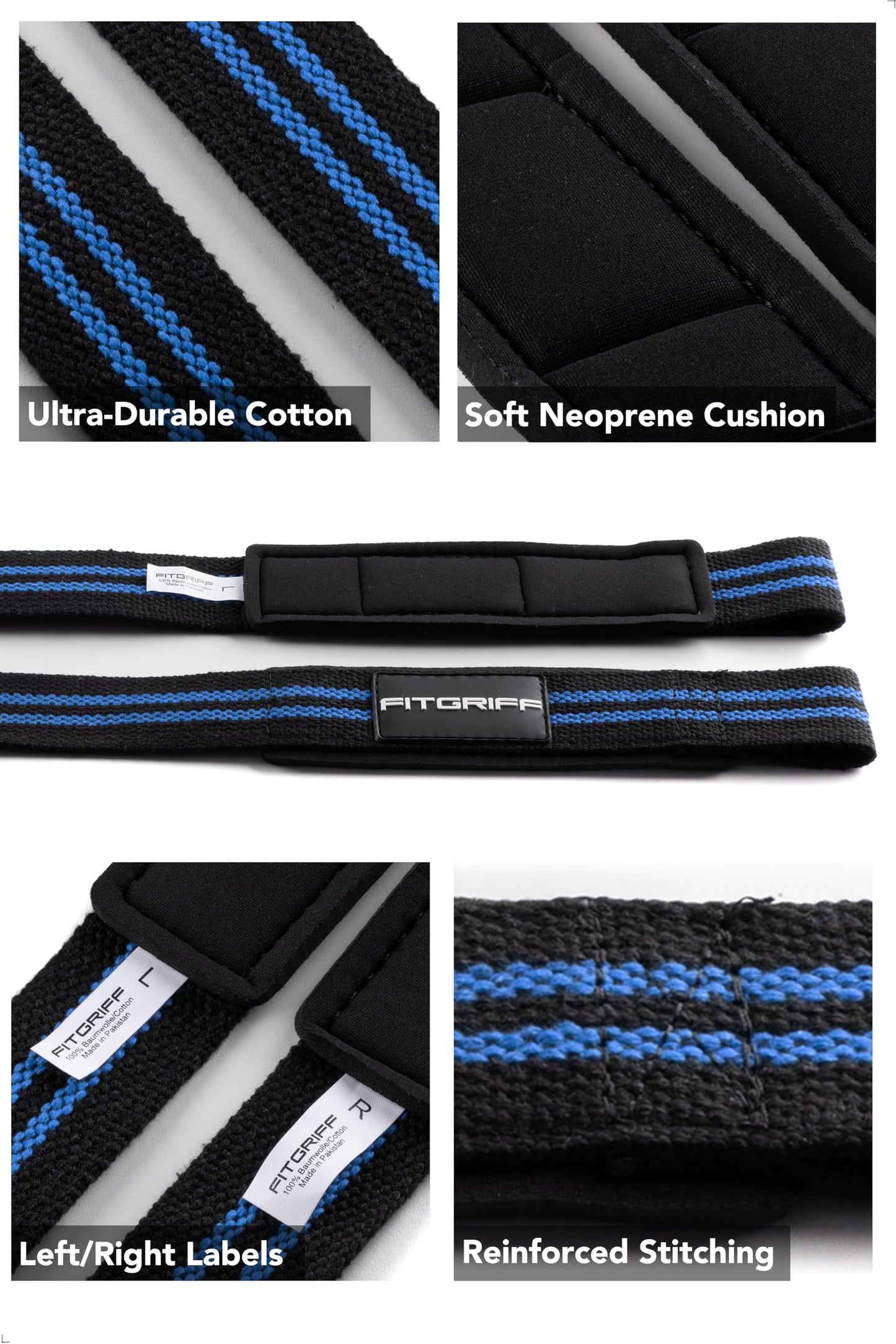 Fitgriff® Lifting Wrist Straps for Weightlifting, Gym, Deadlift, Workout (Made of Premium Cotton & Padded) - Men & Women (Standard, Black/Blue)
